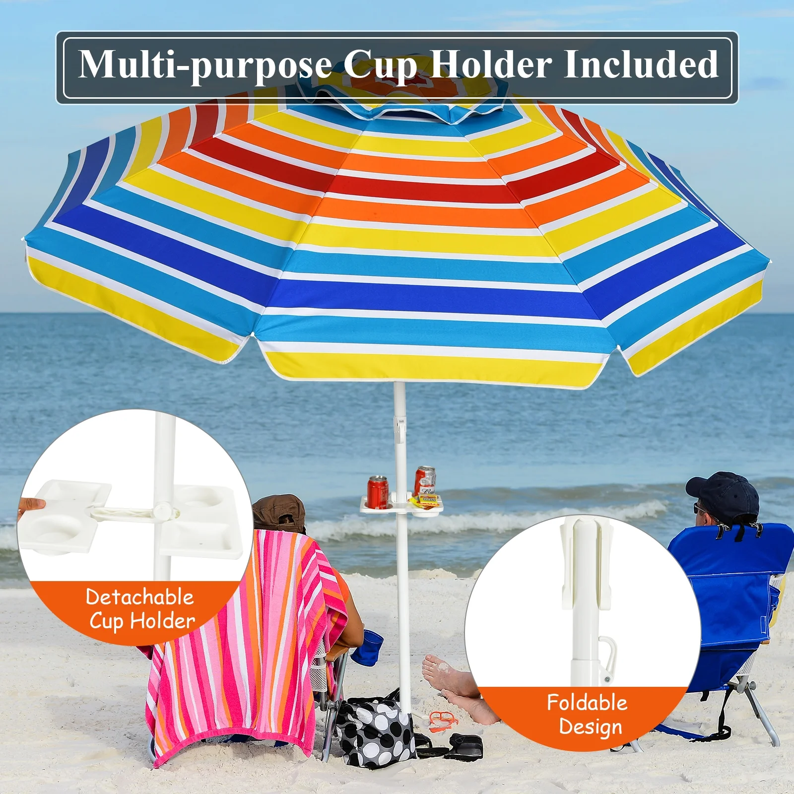 7.2 Feet Portable Beach Umbrella, Sand Anchor, Tilt Mechanism, Multicolor - Image 10