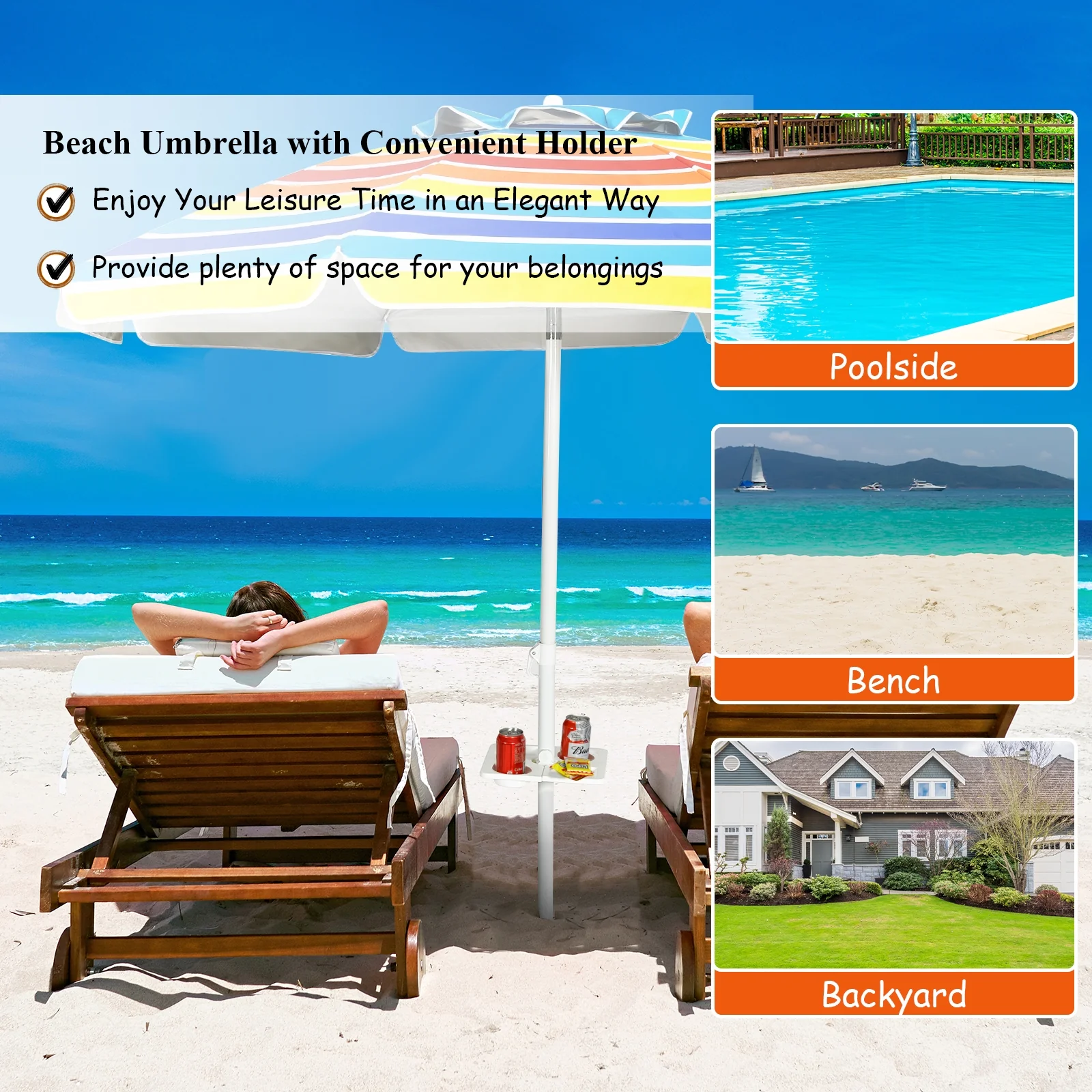 7.2 Feet Portable Beach Umbrella, Sand Anchor, Tilt Mechanism, Multicolor - Image 3
