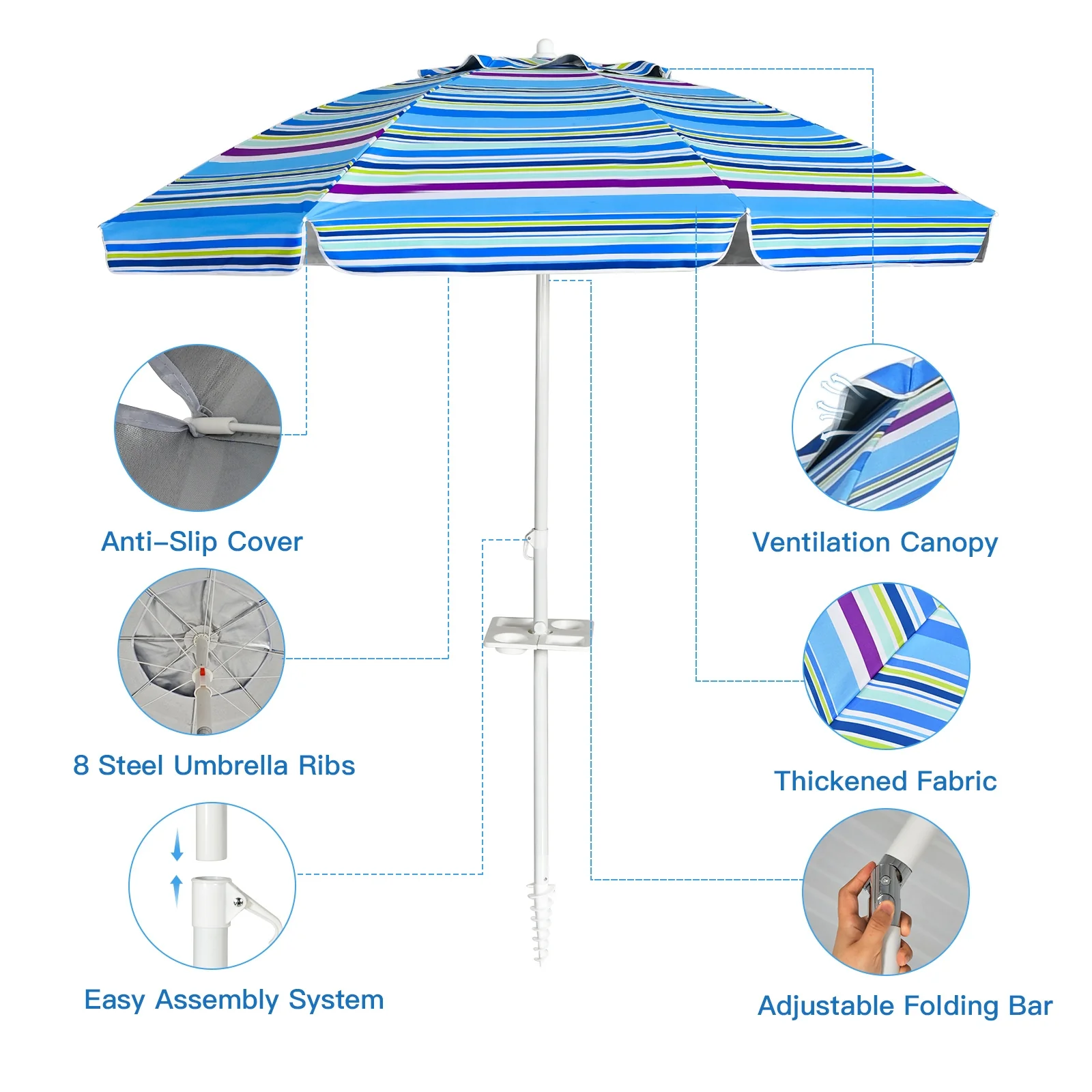 7.2 Feet Portable Beach Umbrella With Sand Anchor, Tilt, Blue - Image 6