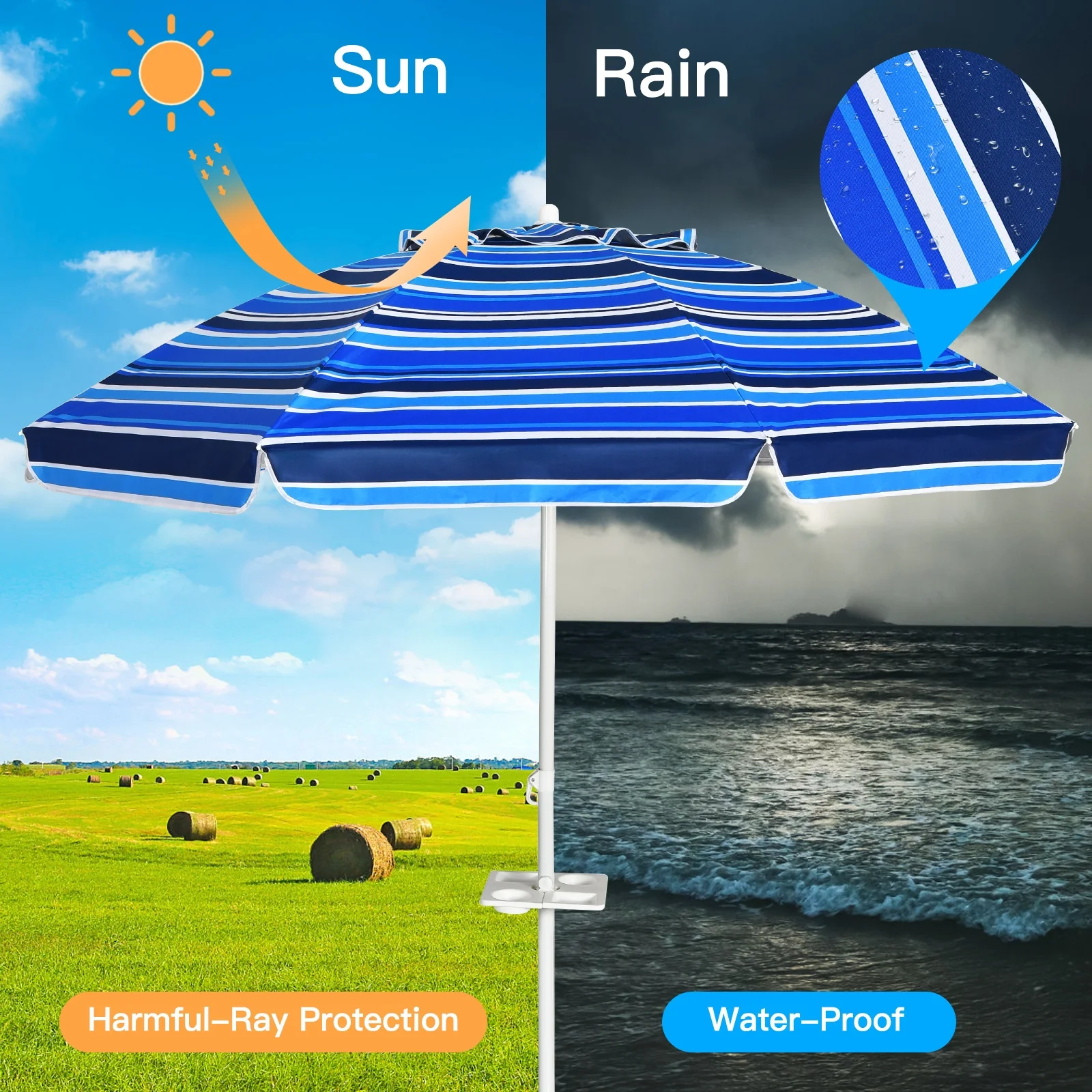 7.2 Feet Portable Beach Umbrella With Sand Anchor, Tilt, Navy - Image 10