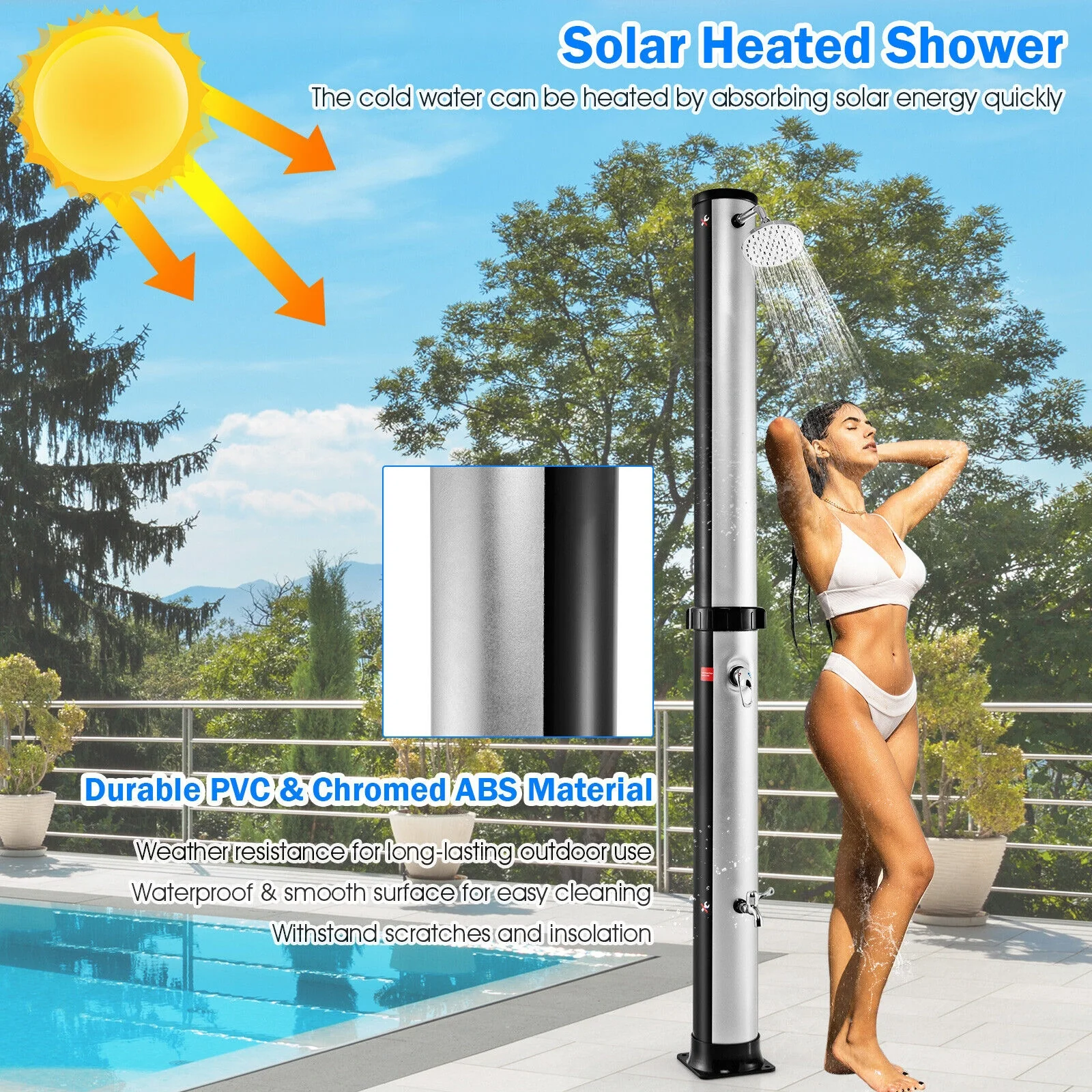 7.2 Feet Solar-Heated Outdoor Shower, Free-Rotating Head, Silver - Image 3