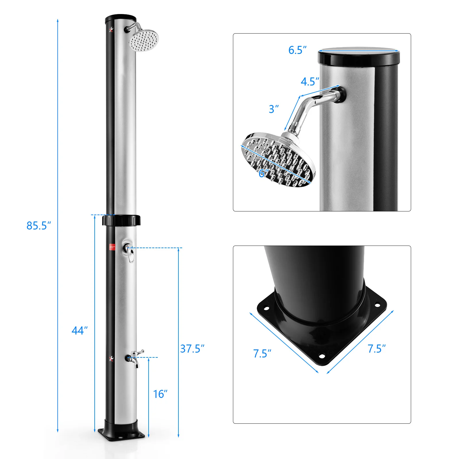 7.2 Feet Solar-Heated Outdoor Shower, Free-Rotating Head, Silver - Image 5