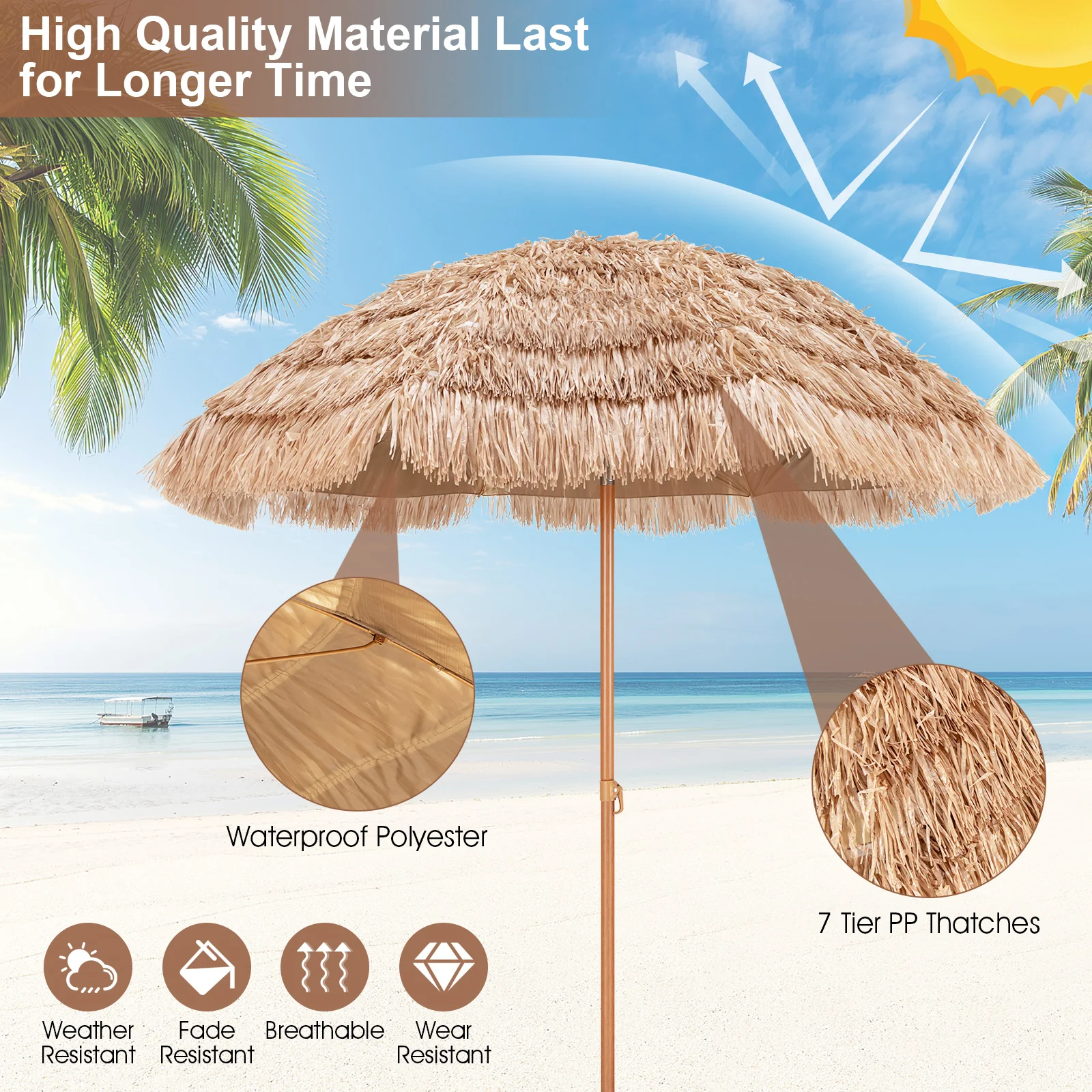 7.2 Feet Thatched Tiki Umbrella, Hawaiian Hula Beach Umbrella - Image 10