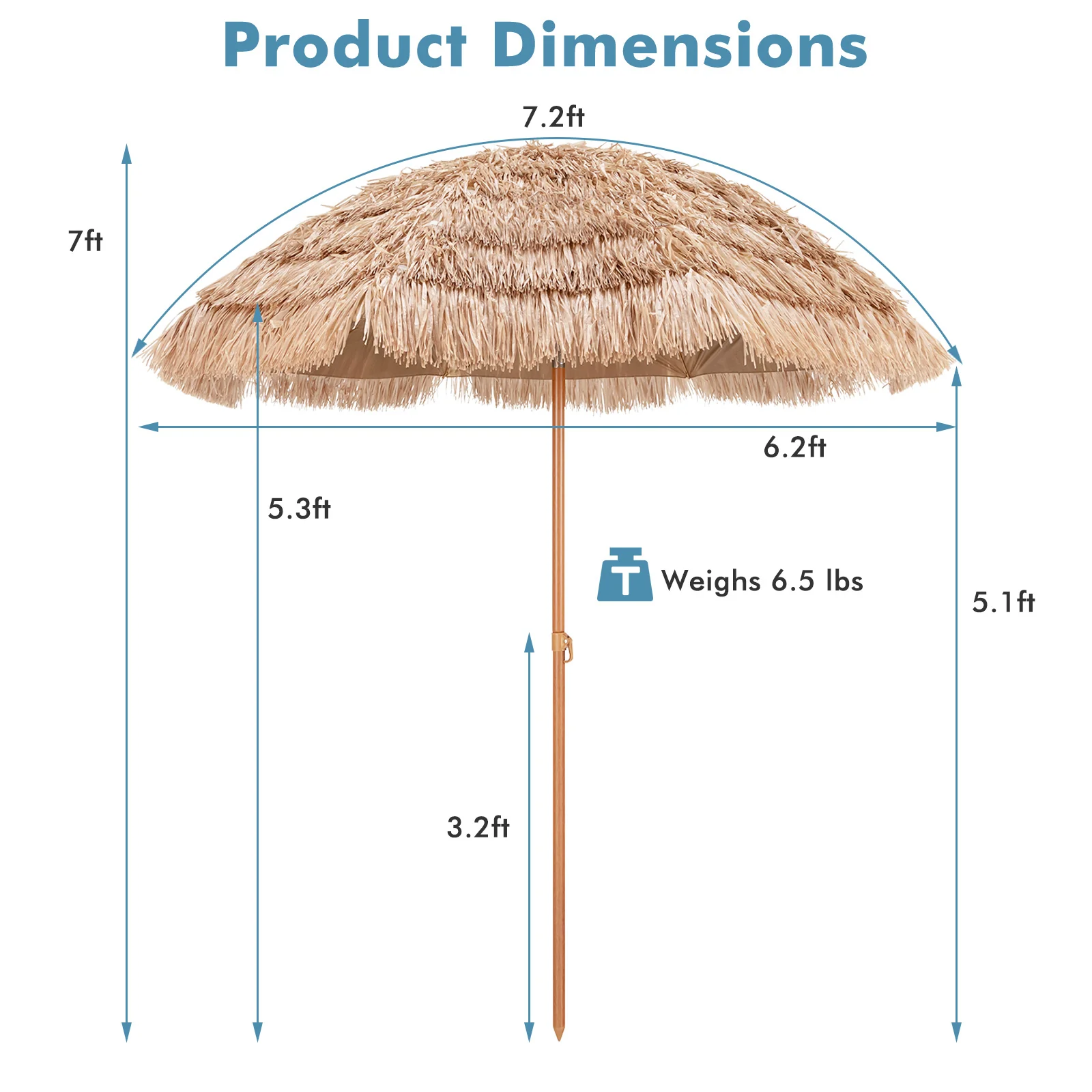 7.2 Feet Thatched Tiki Umbrella, Hawaiian Hula Beach Umbrella - Image 6
