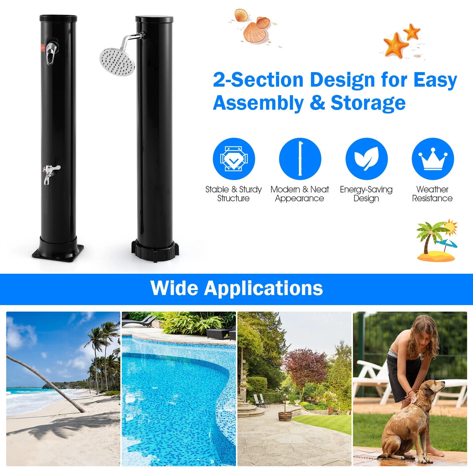 7.2 Ft Solar Outdoor Shower, Free Rotating Head, Black - Image 6