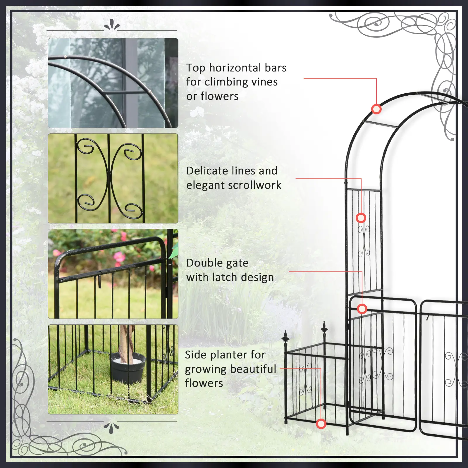 7.2FT Metal Garden Arbor, Double Doors, 2 Side Baskets, Black - Image 6