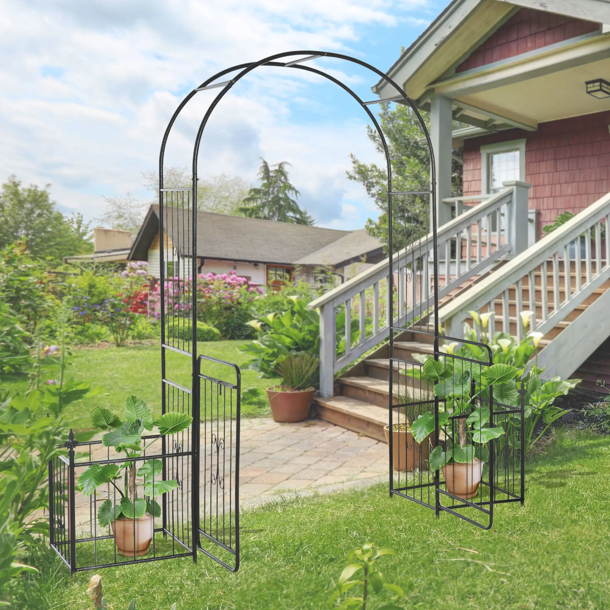 7.2FT Metal Garden Arbor, Double Doors, 2 Side Baskets, Black - Image 8