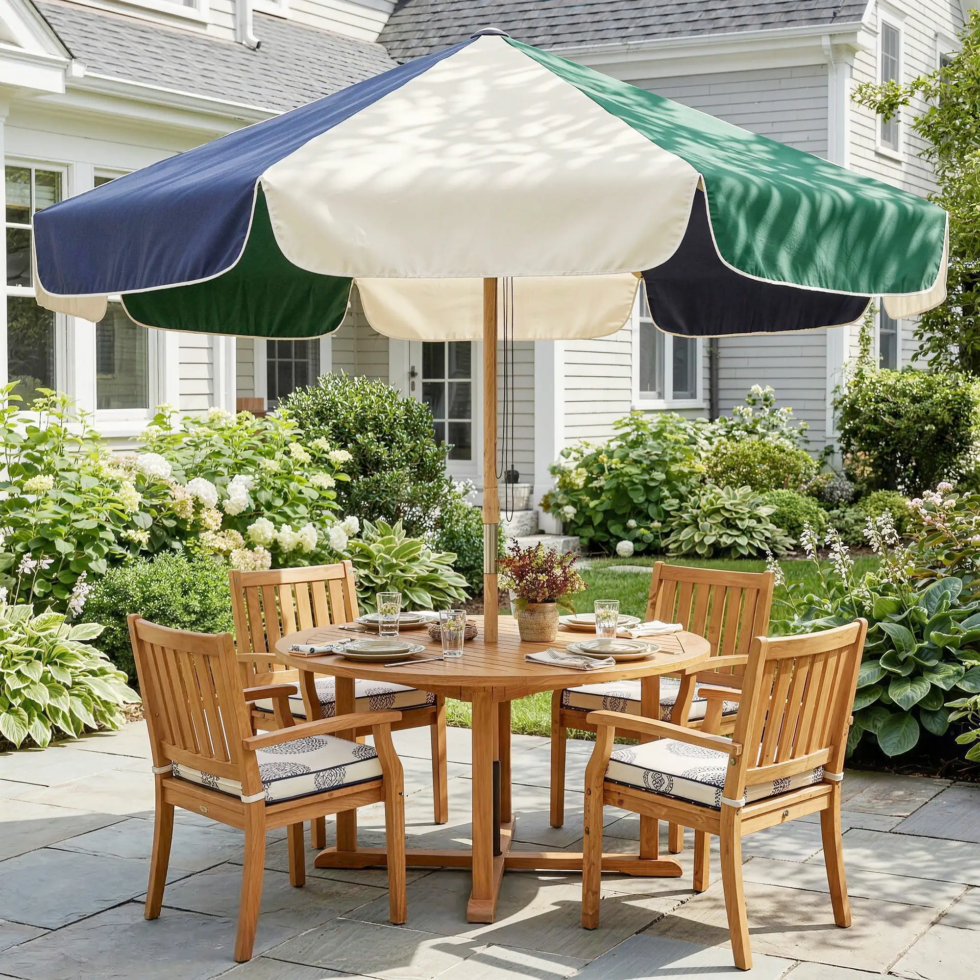 7.4 Ft Patio Umbrella, Wood-Effect Frame, Dark Green - Image 2