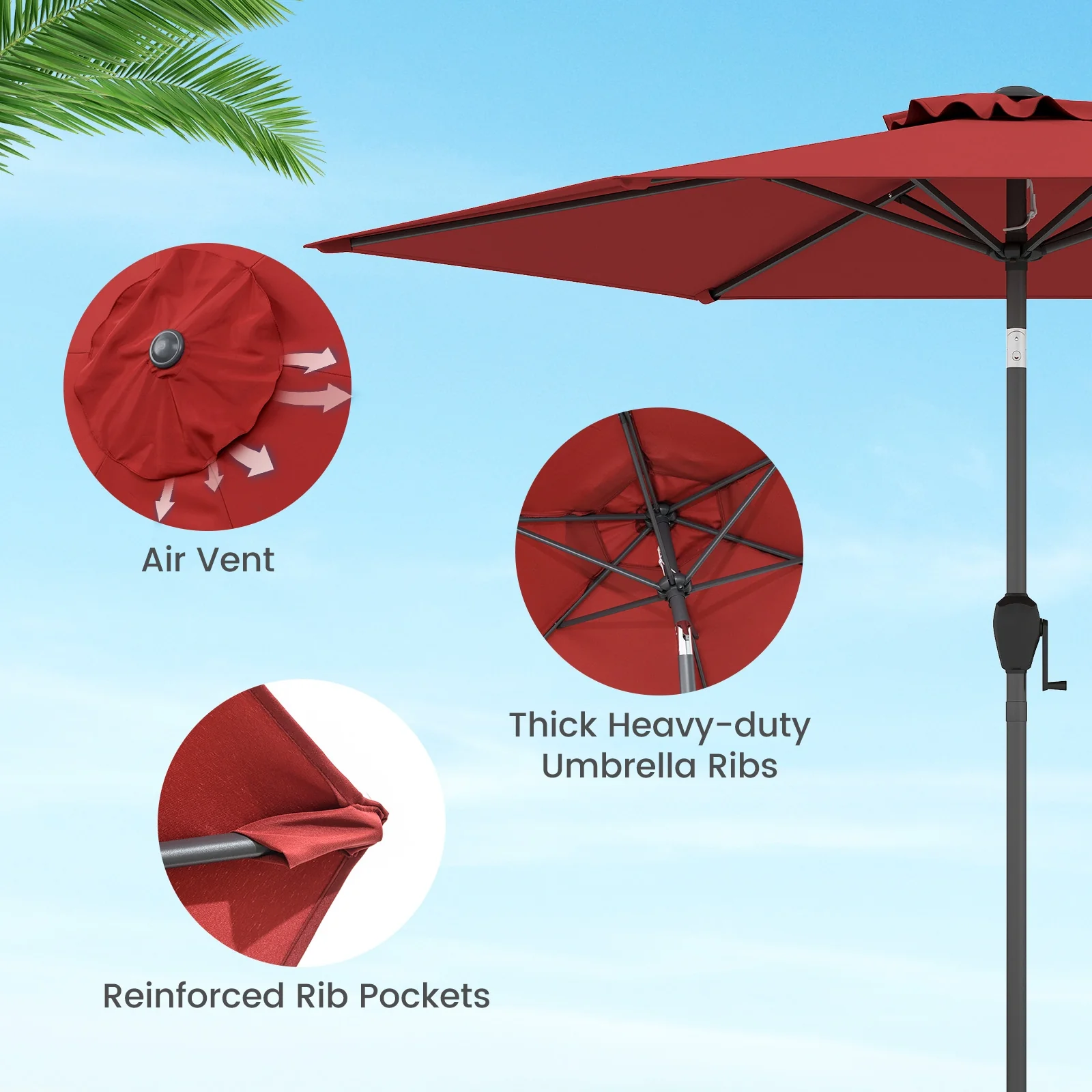 7.5 Feet Outdoor Patio Market Umbrella, Push Button Tilt, Burgundy - Image 10