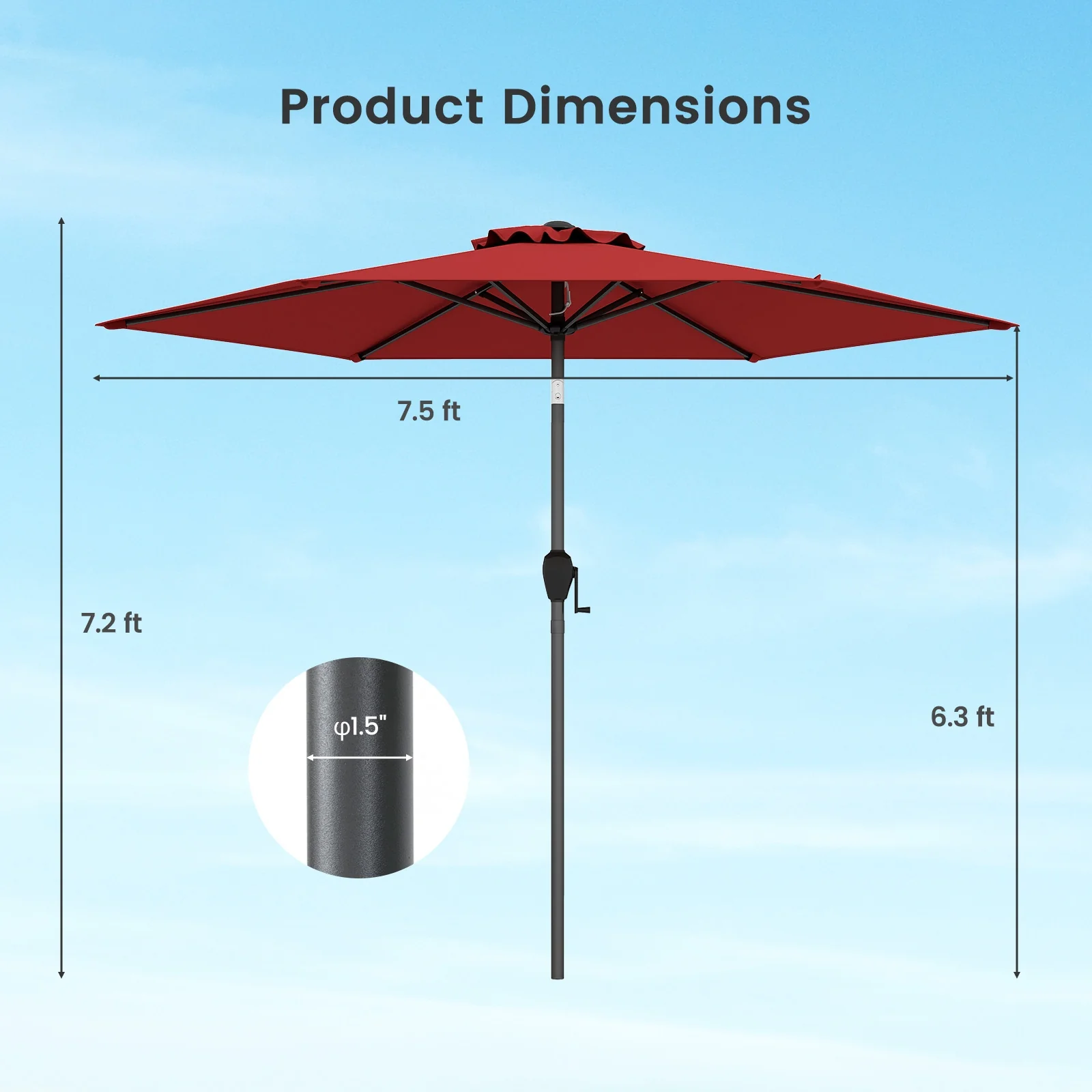 7.5 Feet Outdoor Patio Market Umbrella, Push Button Tilt, Burgundy - Image 6