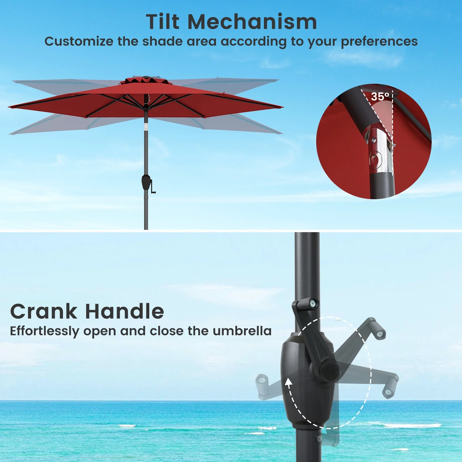 7.5 Feet Outdoor Patio Market Umbrella, Push Button Tilt, Burgundy - Image 8
