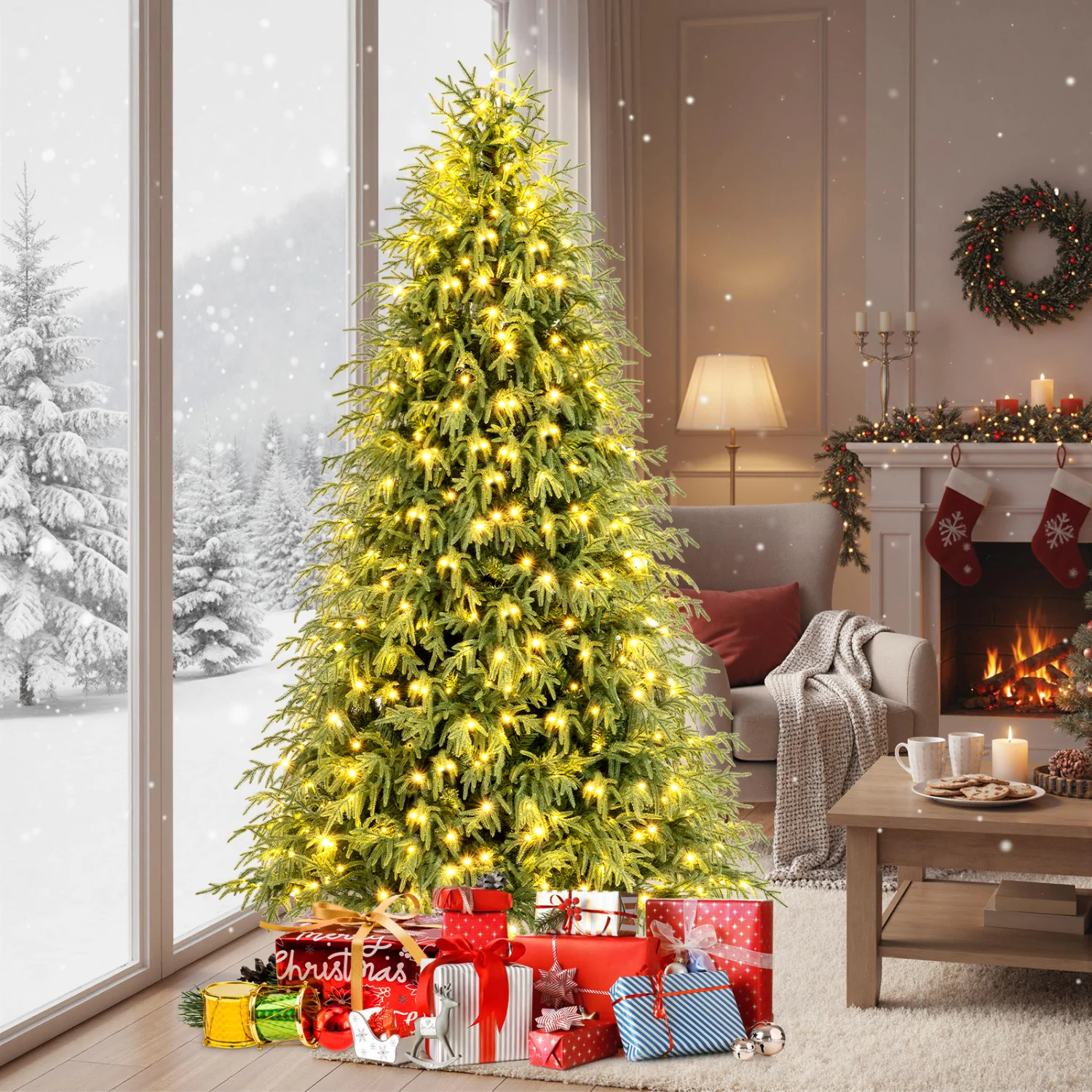 7.5 Feet Pre-Lit Artificial Christmas Tree, Hinged Faux Xmas Tree - Image 2