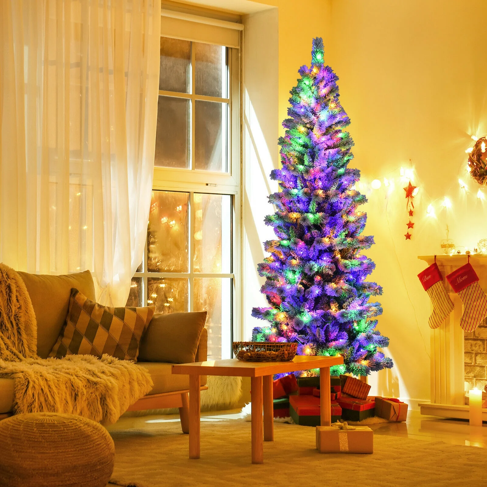 7.5 Feet Pre-Lit Snow Flocked Christmas Tree, 9 Modes Lights, White - Image 3