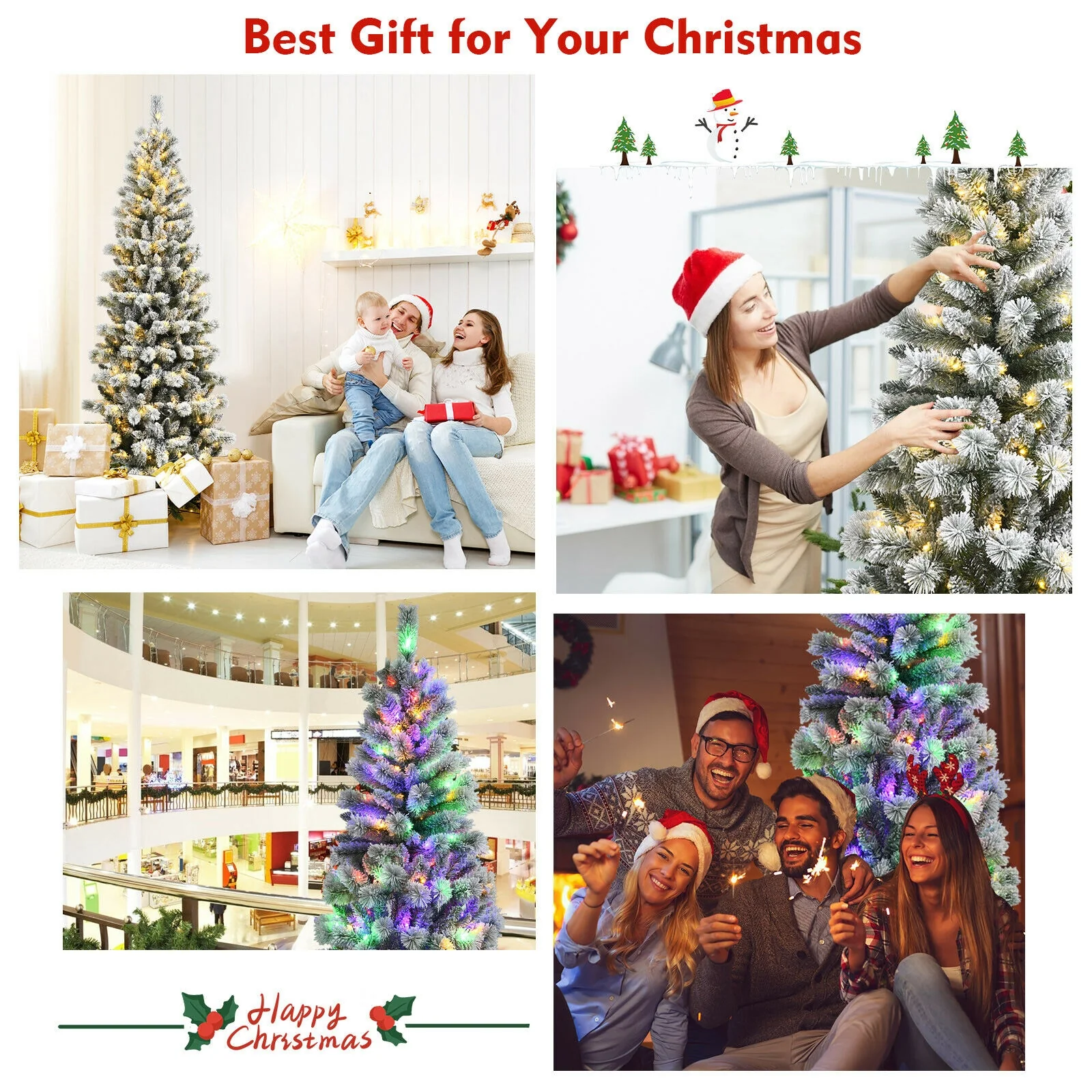 7.5 Feet Pre-Lit Snow Flocked Christmas Tree, 9 Modes Lights, White - Image 9