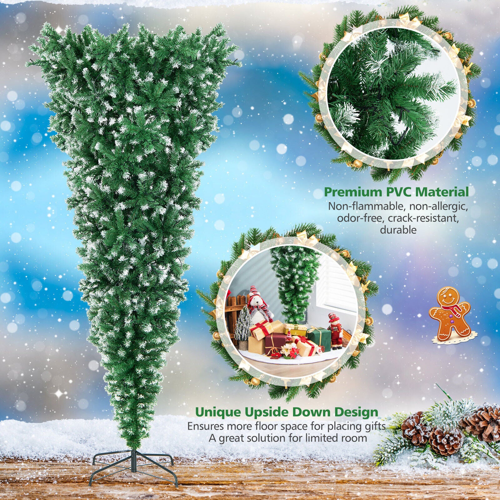 7.5 Feet Pre-Lit Snowy Upside Down Christmas Tree, 1100 Tips, Green - Image 10