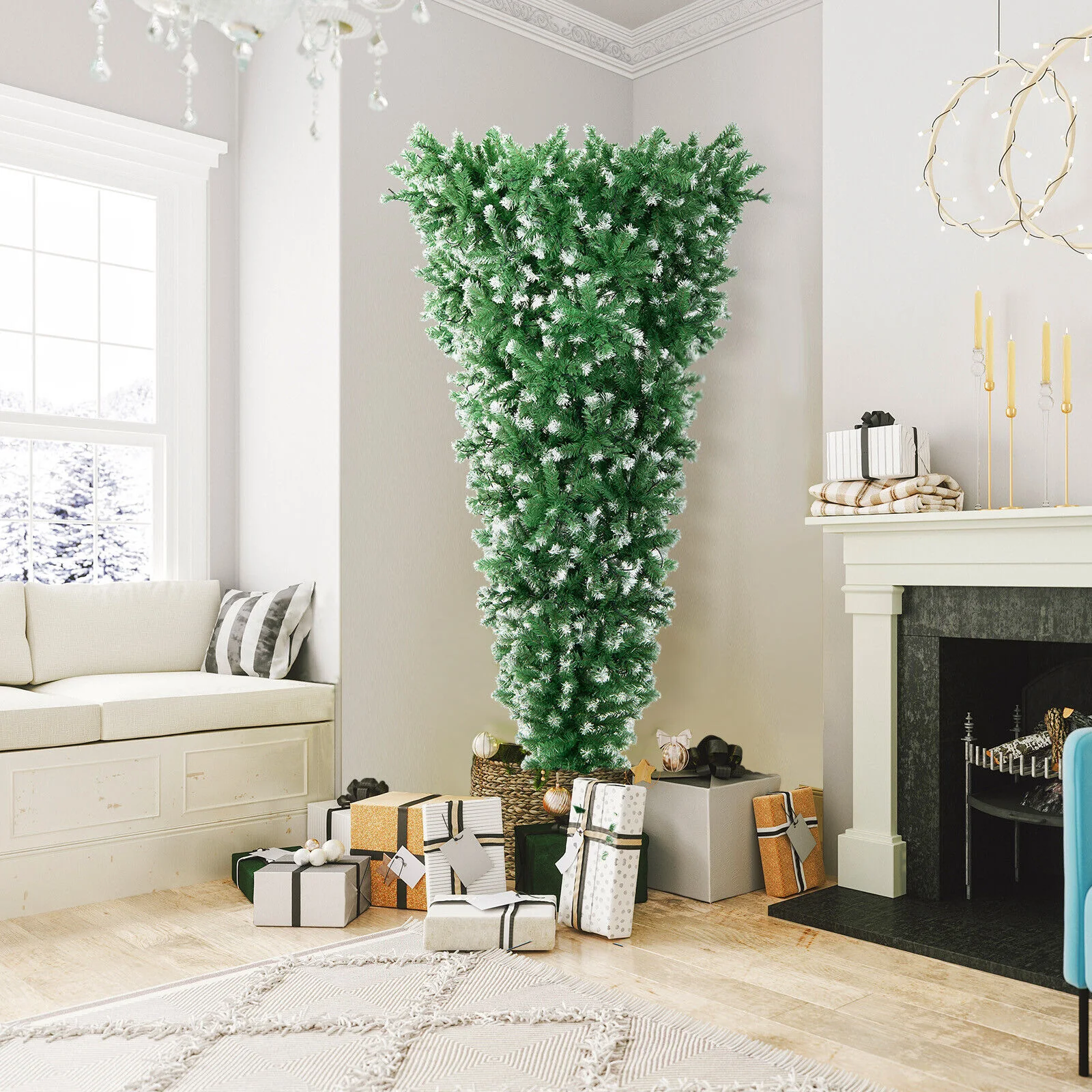 7.5 Feet Pre-Lit Snowy Upside Down Christmas Tree, 1100 Tips, Green - Image 2