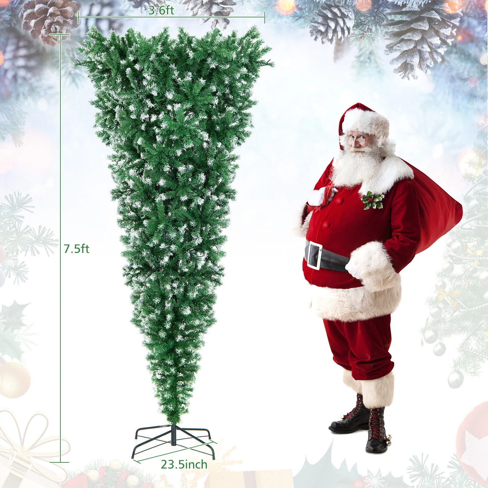 7.5 Feet Pre-Lit Snowy Upside Down Christmas Tree, 1100 Tips, Green - Image 5