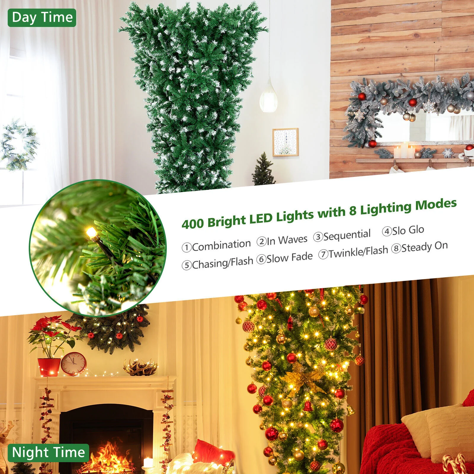 7.5 Feet Pre-Lit Snowy Upside Down Christmas Tree, 1100 Tips, Green - Image 6