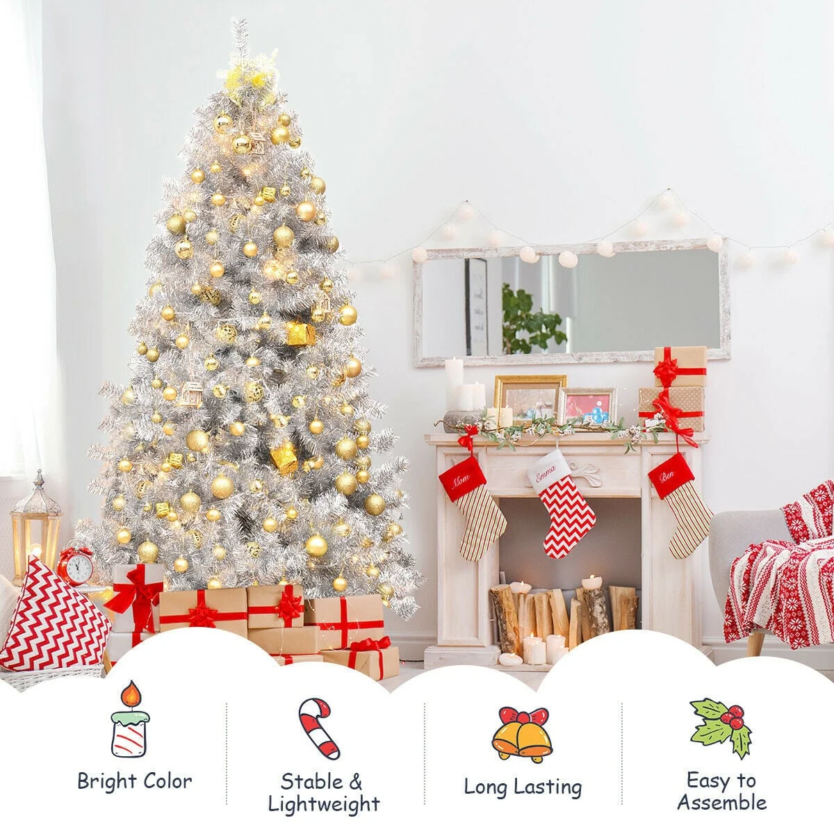 7.5 Ft Tinsel Artificial Christmas Tree, Silver - Image 3