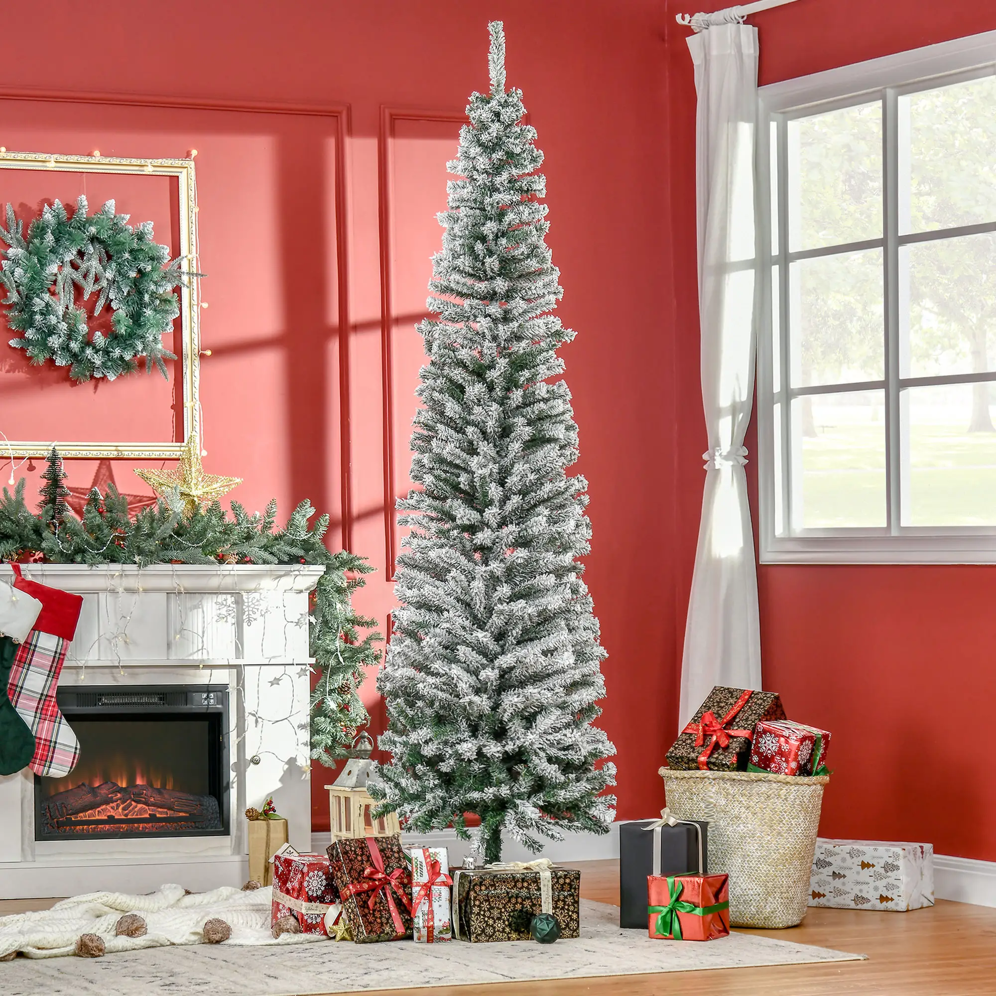 7.5ft Flocked Pencil Christmas Tree, Realistic Tips, Green - Image 2
