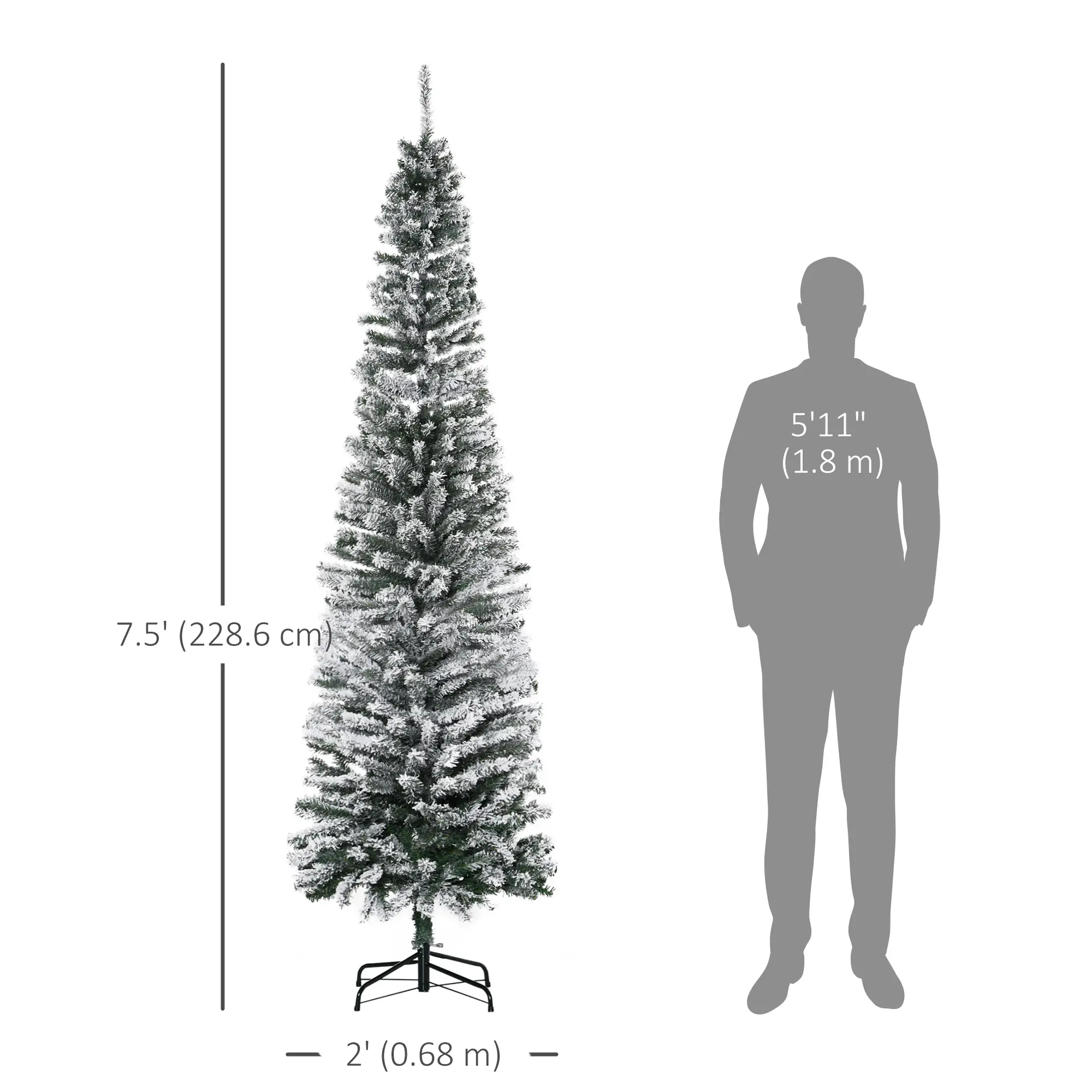 7.5ft Flocked Pencil Christmas Tree, Realistic Tips, Green - Image 3