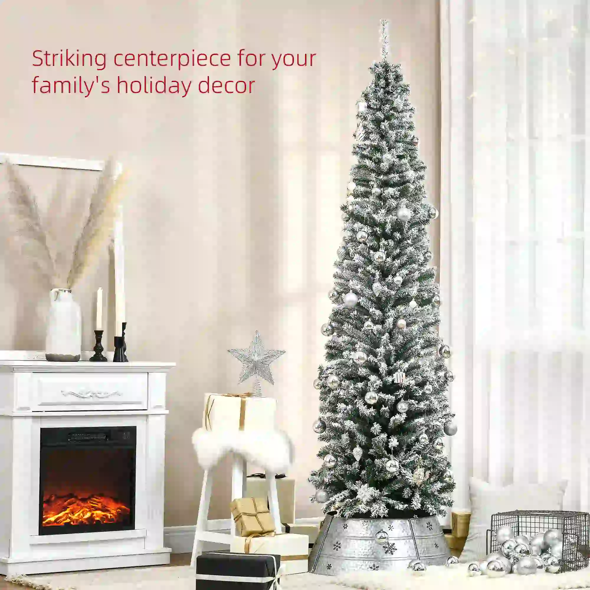 7.5ft Flocked Pencil Christmas Tree, Realistic Tips, Green - Image 4