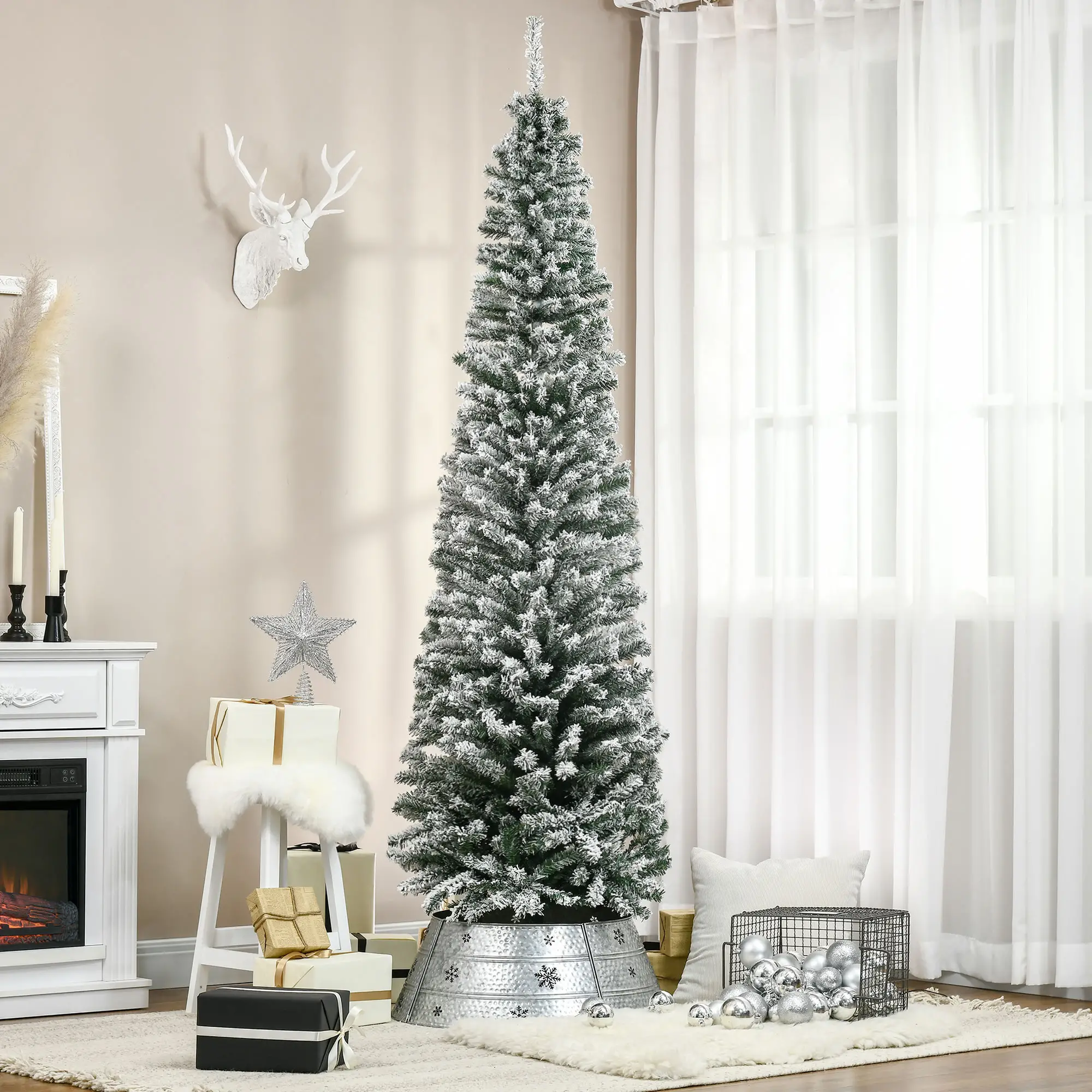 7.5ft Flocked Pencil Christmas Tree, Realistic Tips, Green - Image 8