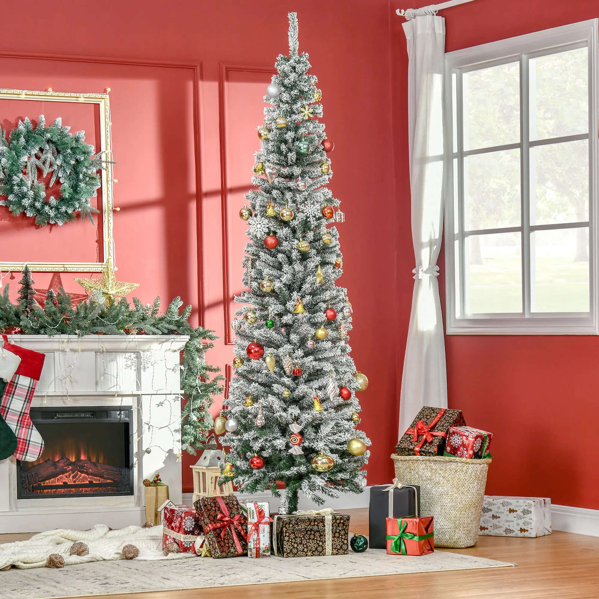 7.5ft Flocked Pencil Christmas Tree, Realistic Tips, Green - Image 9