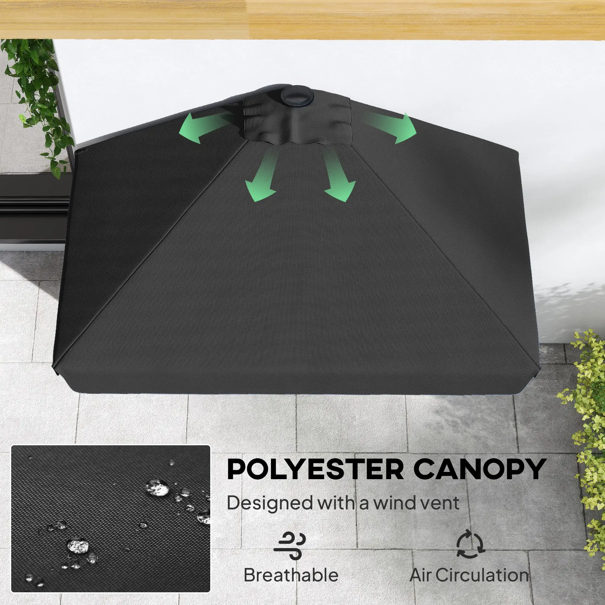 7.5ft Half Umbrella, Semi Round Patio Parasol, Crank Handle, Top Vent, Black - Image 5