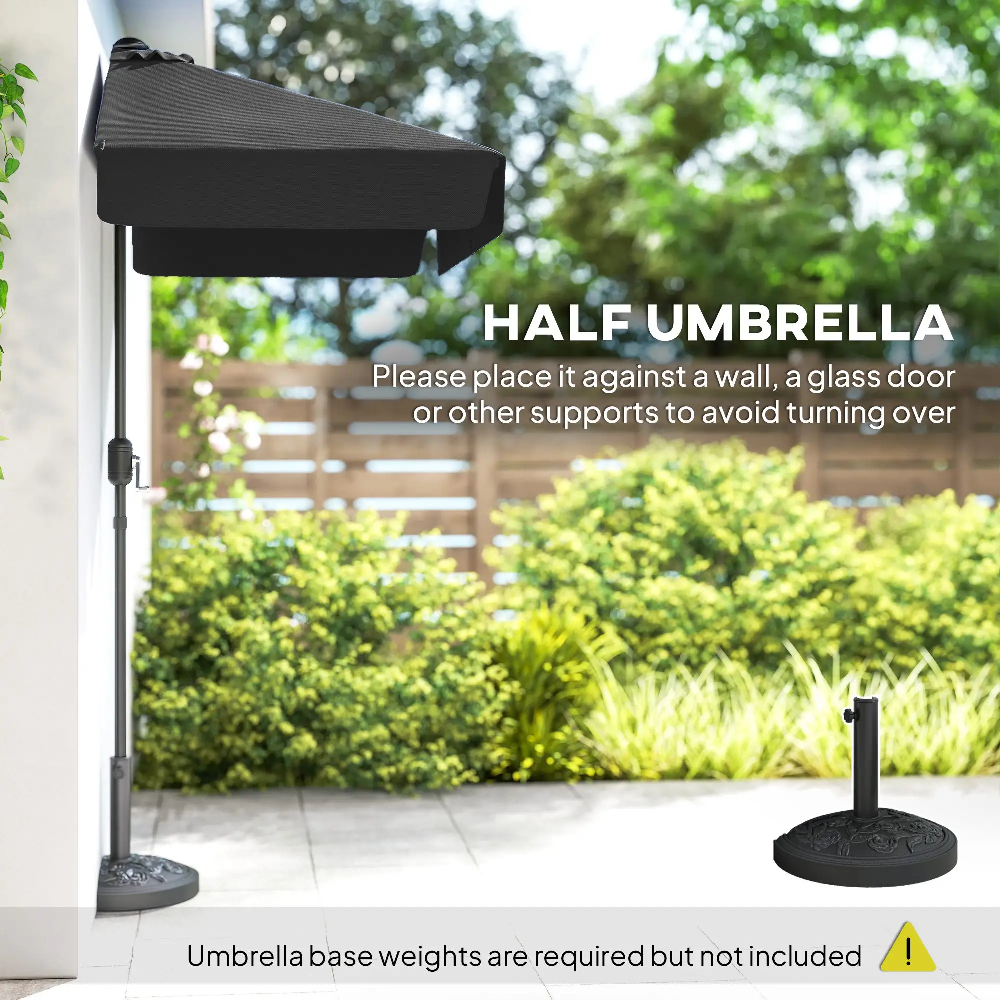 7.5ft Half Umbrella, Semi Round Patio Parasol, Crank Handle, Top Vent, Black - Image 7