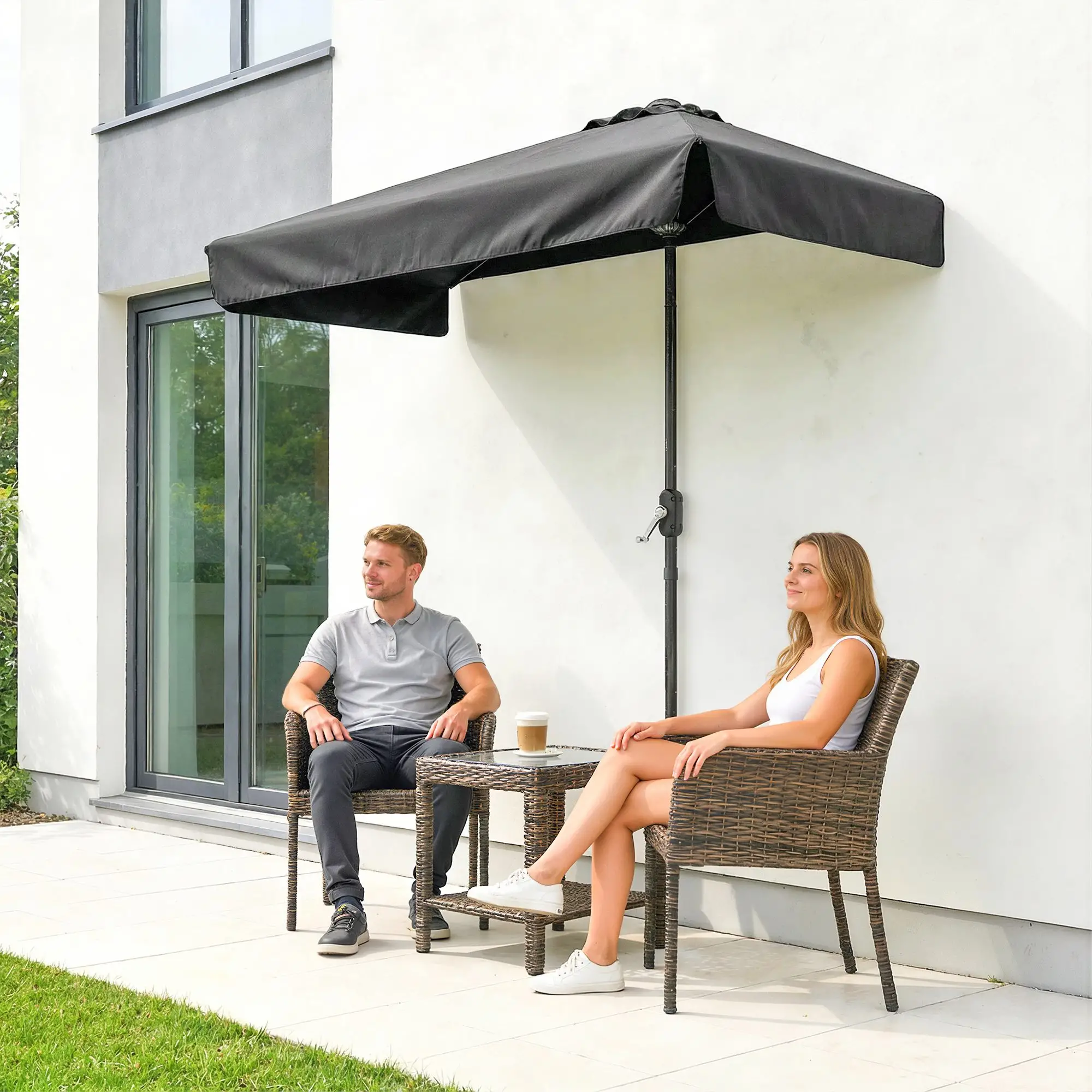 7.5ft Half Umbrella, Semi Round Patio Parasol, Crank Handle, Top Vent, Black - Image 9