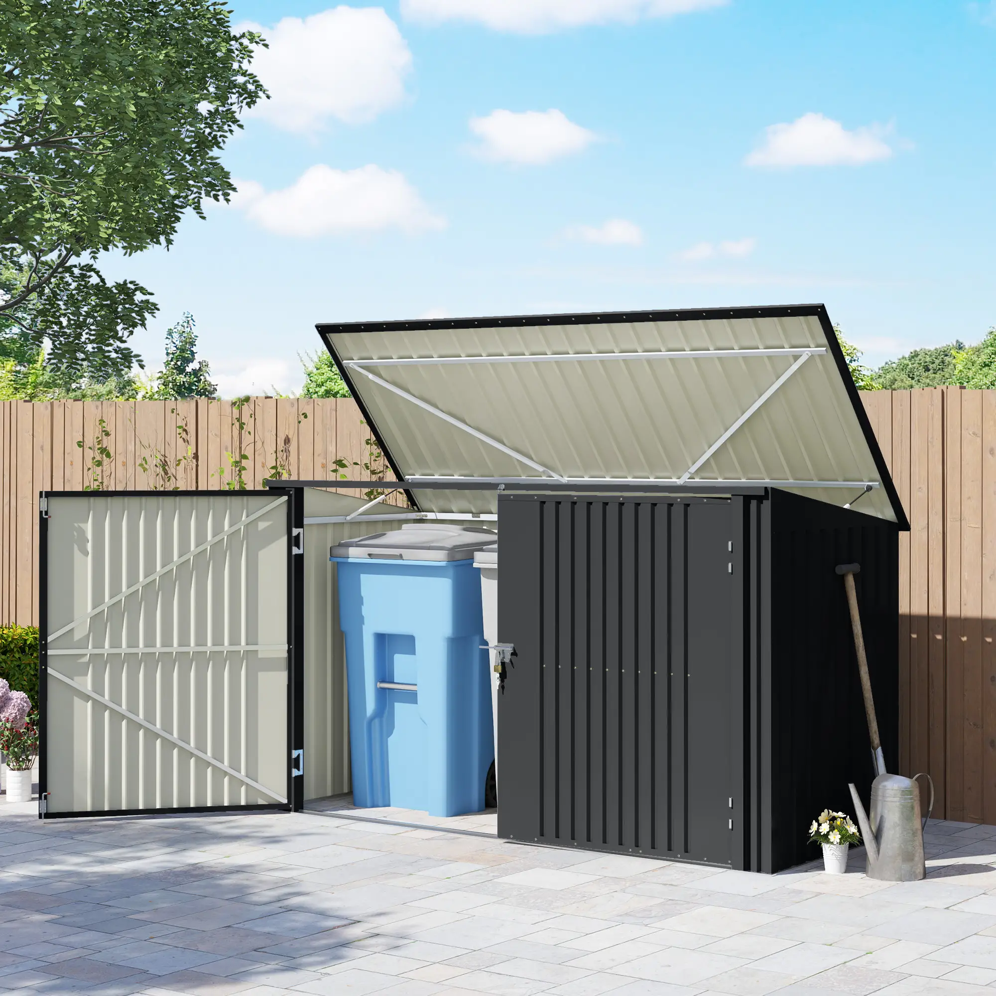 7.6 x 3.4ft Outdoor Storage Shed, Triple Bin Organizer, Lockable Doors - Image 2
