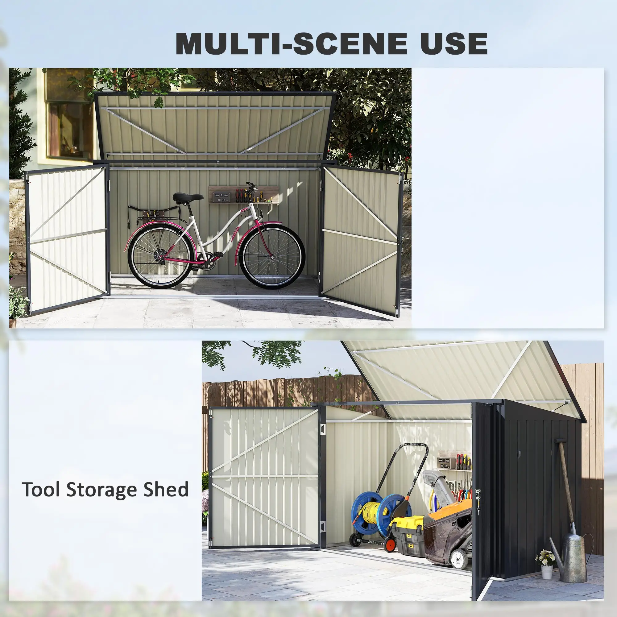7.6 x 3.4ft Outdoor Storage Shed, Triple Bin Organizer, Lockable Doors - Image 4
