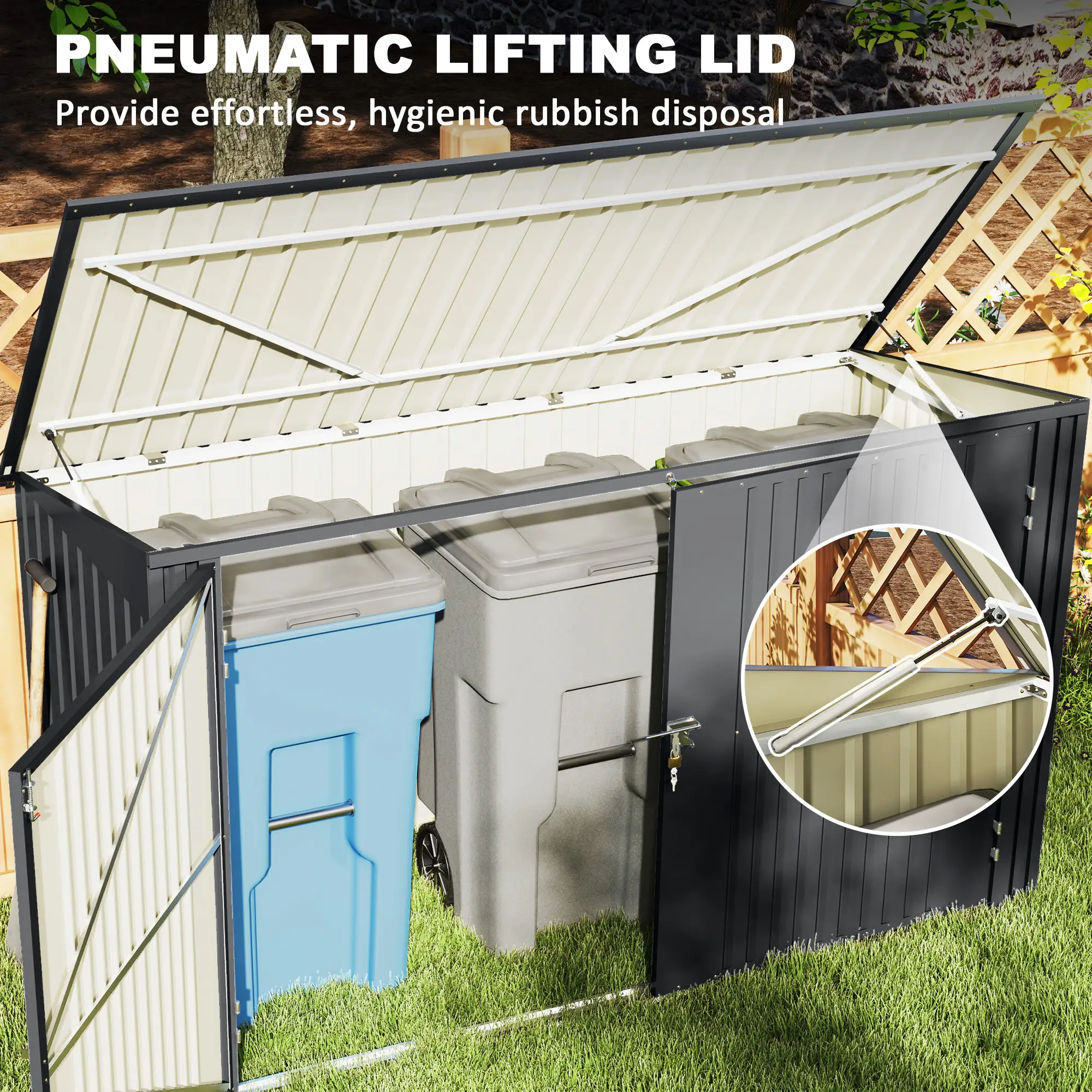 7.6 x 3.4ft Outdoor Storage Shed, Triple Bin Organizer, Lockable Doors - Image 5