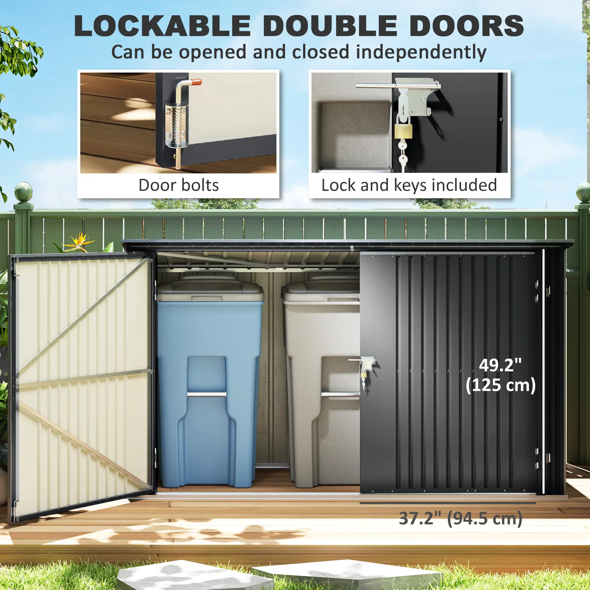 7.6 x 3.4ft Outdoor Storage Shed, Triple Bin Organizer, Lockable Doors - Image 6