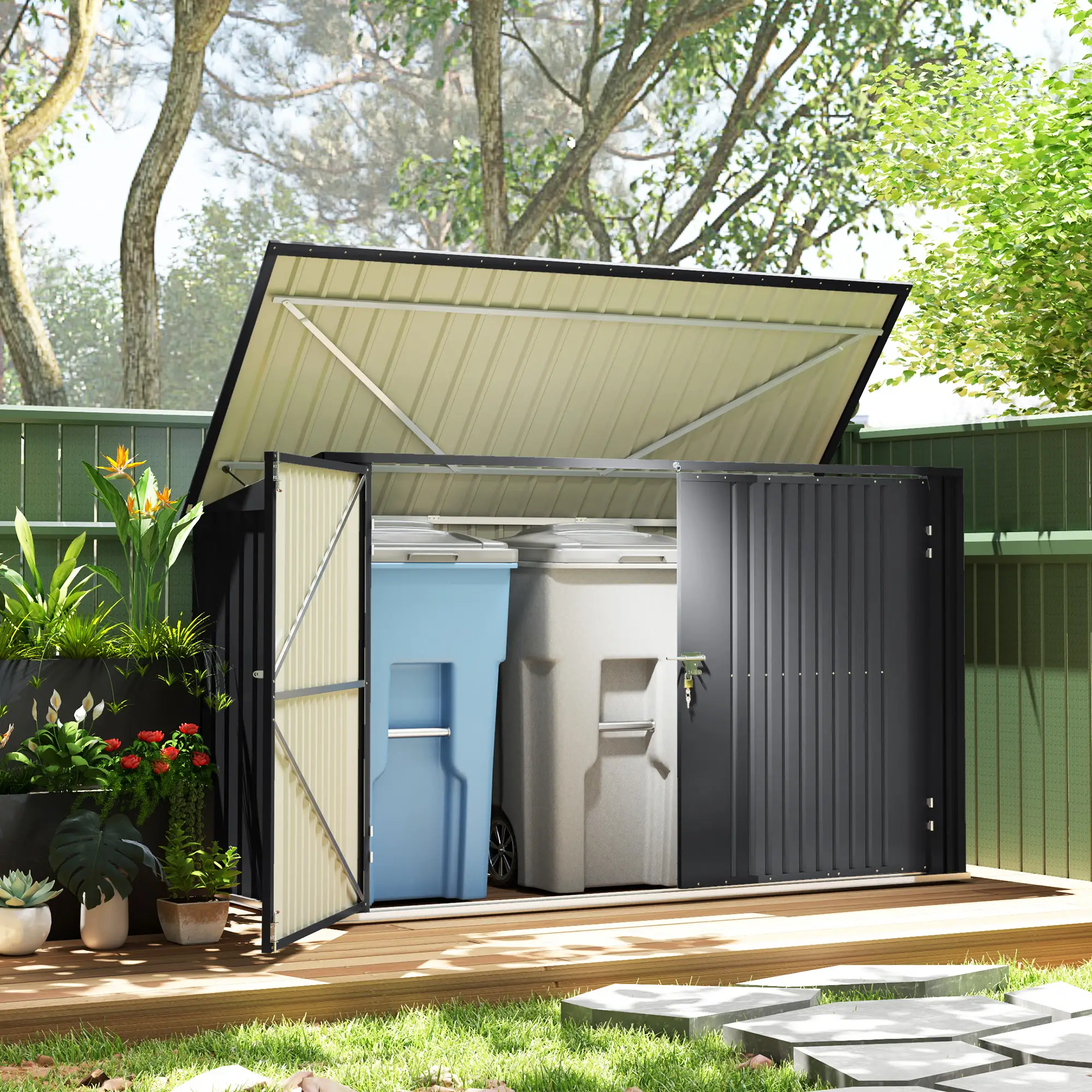 7.6 x 3.4ft Outdoor Storage Shed, Triple Bin Organizer, Lockable Doors - Image 8