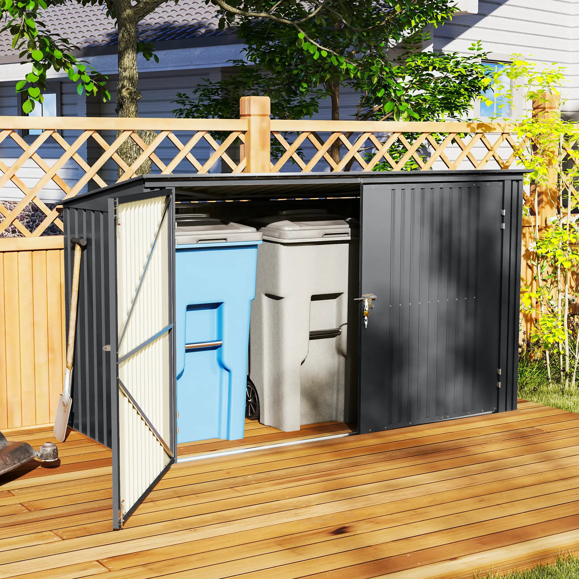 7.6 x 3.4ft Outdoor Storage Shed, Triple Bin Organizer, Lockable Doors - Image 9