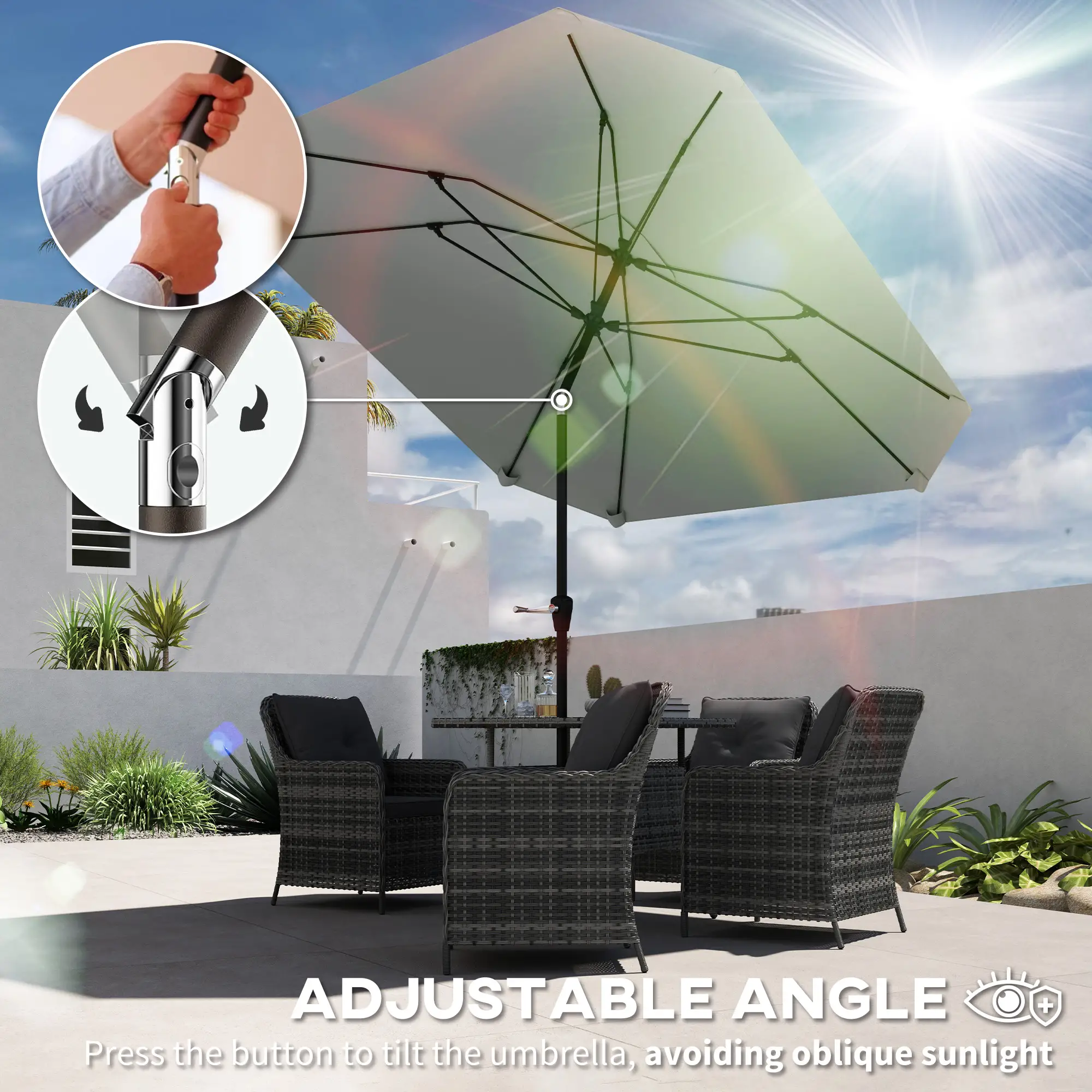 7.6FT Aluminum Patio Umbrella, 8 Ribs, Crank Tilt, Light Grey - Image 4
