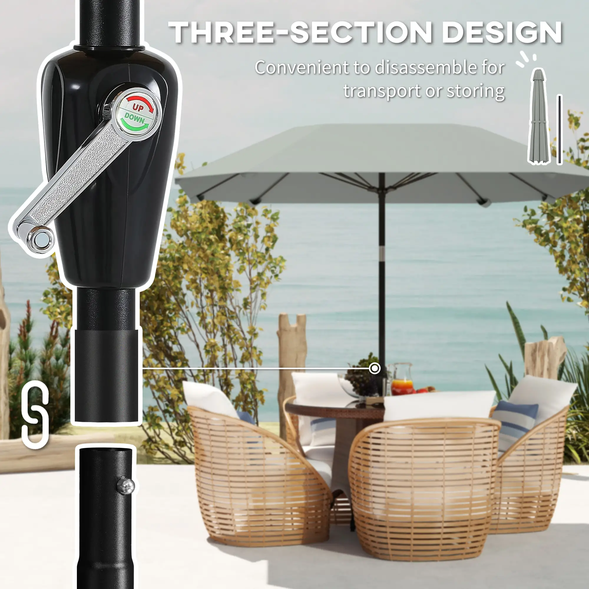 7.6FT Aluminum Patio Umbrella, 8 Ribs, Crank Tilt, Light Grey - Image 9