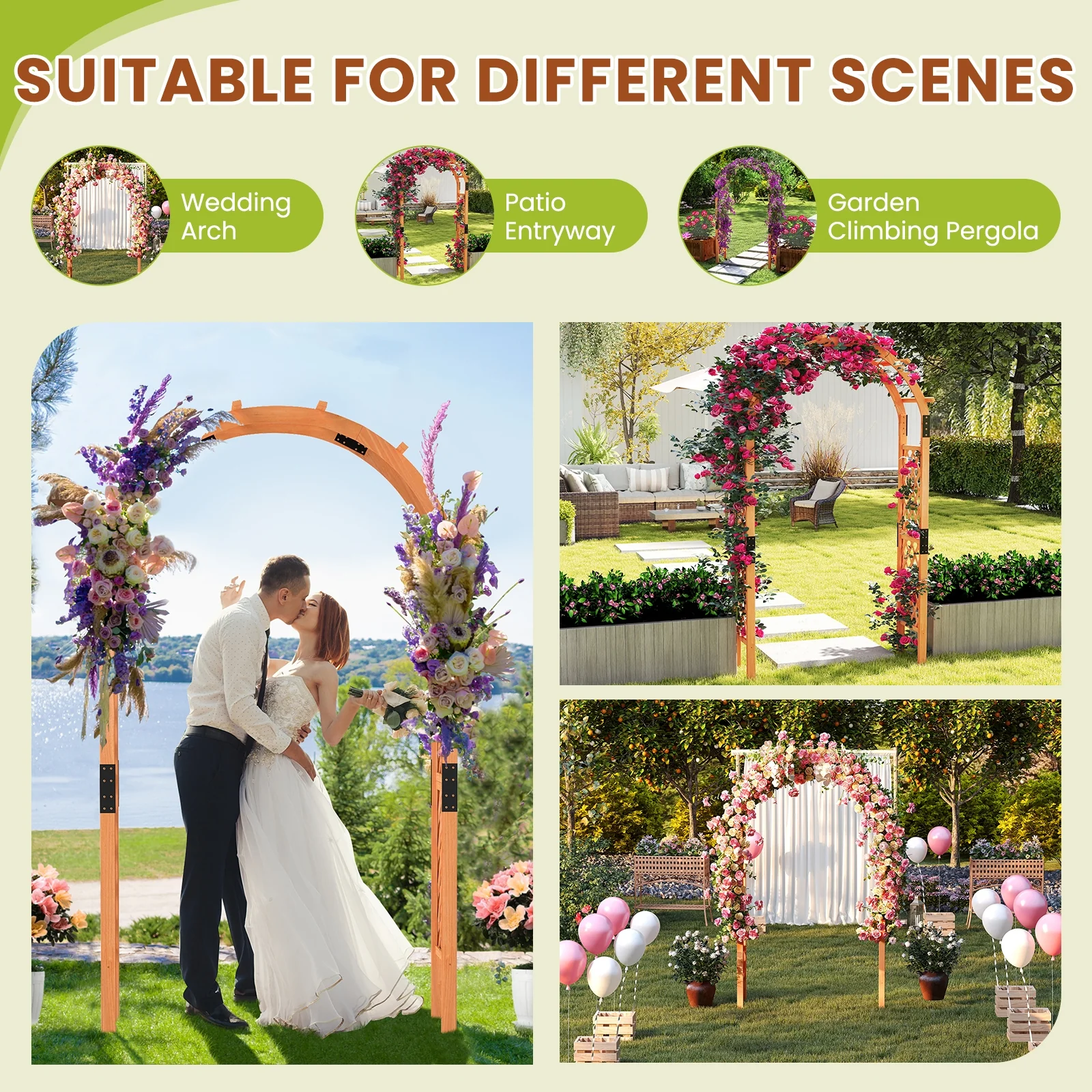 7.7 Feet Garden Arch Wooden Arbor, Orange - Image 10