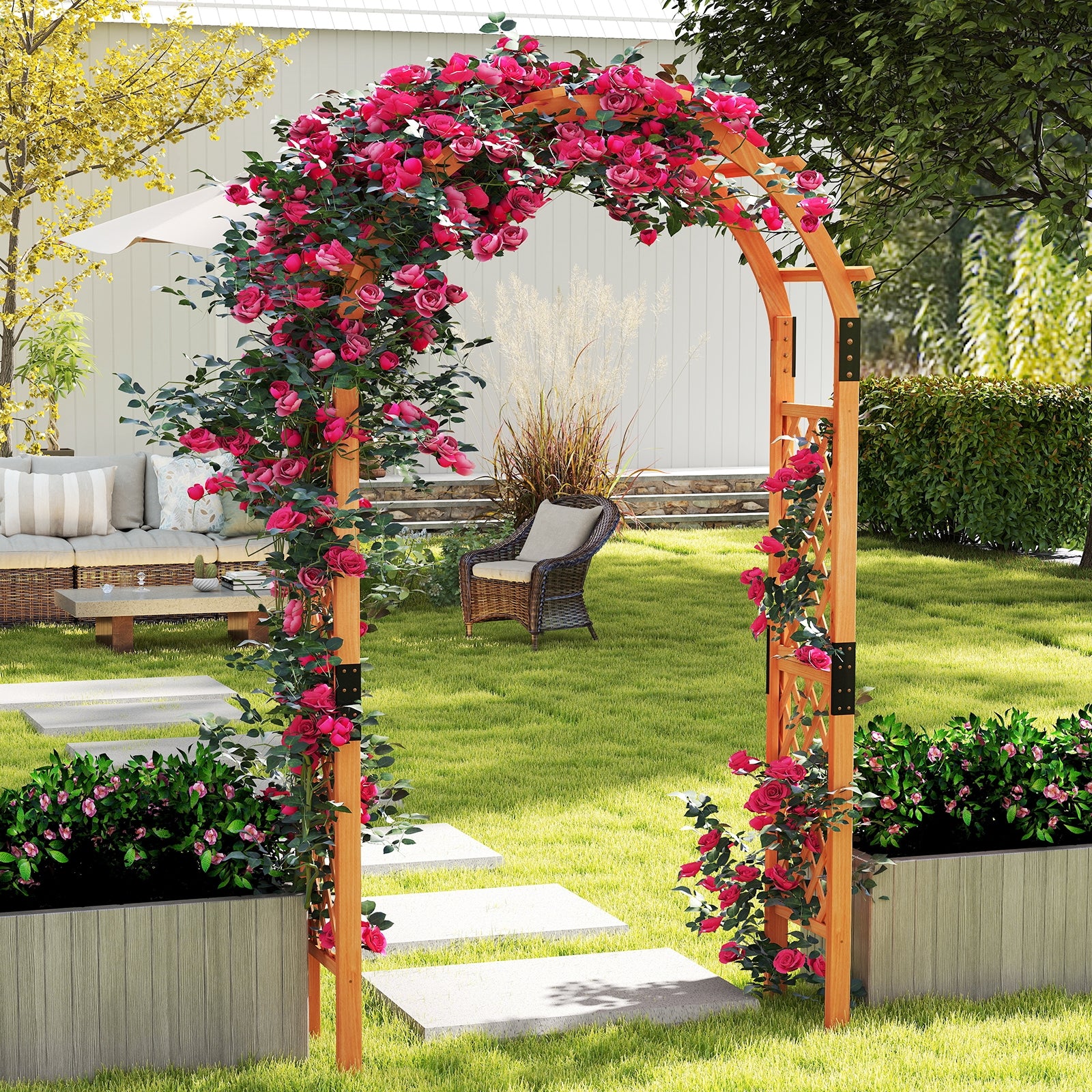 7.7 Feet Garden Arch Wooden Arbor, Orange - Image 2