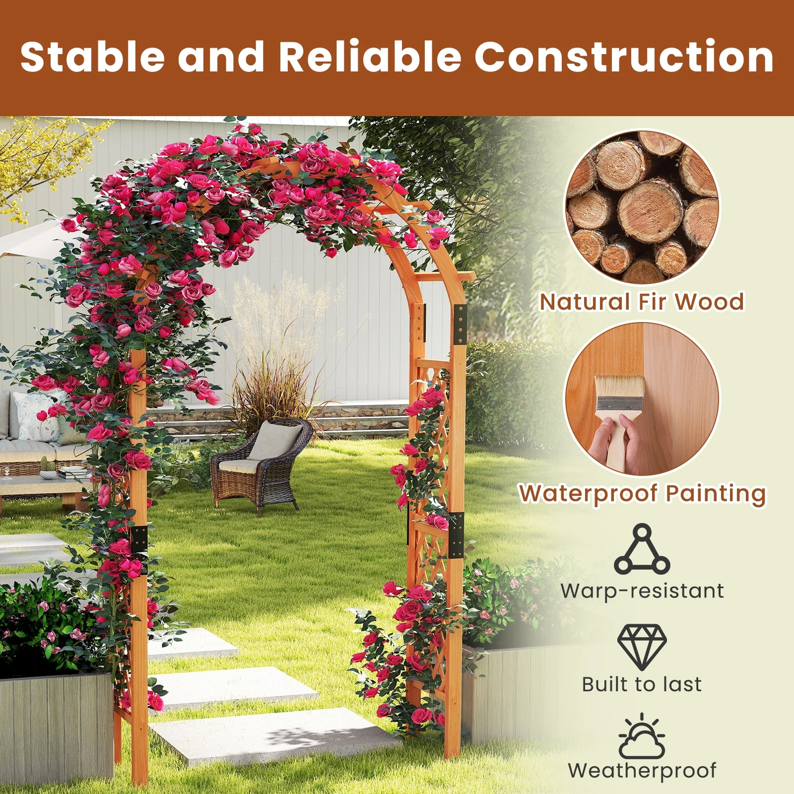 7.7 Feet Garden Arch Wooden Arbor, Orange - Image 7