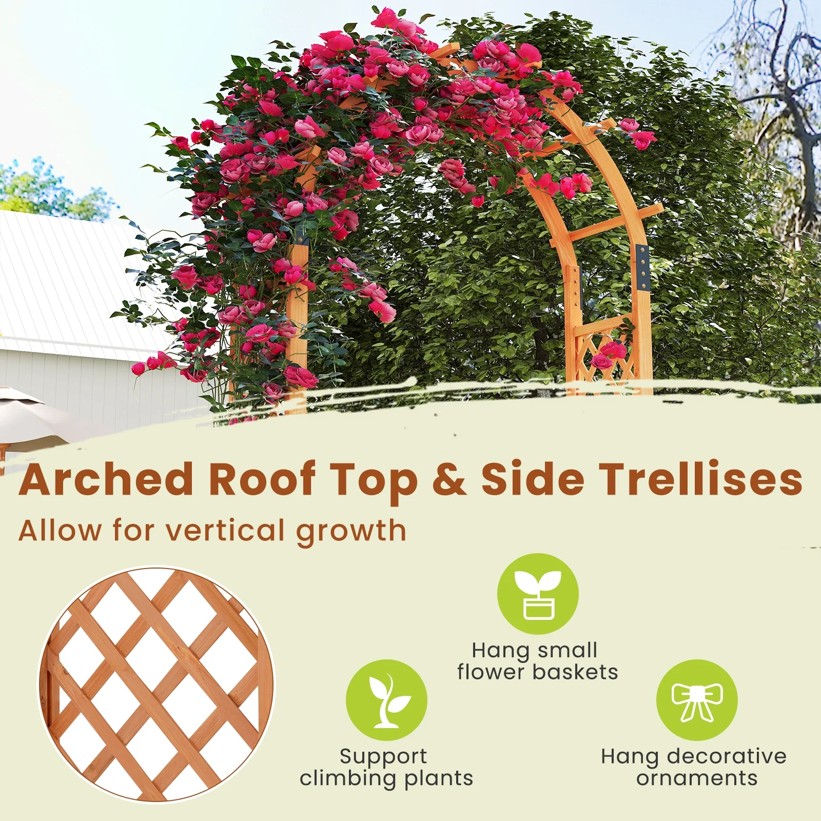 7.7 Feet Garden Arch Wooden Arbor, Orange - Image 8