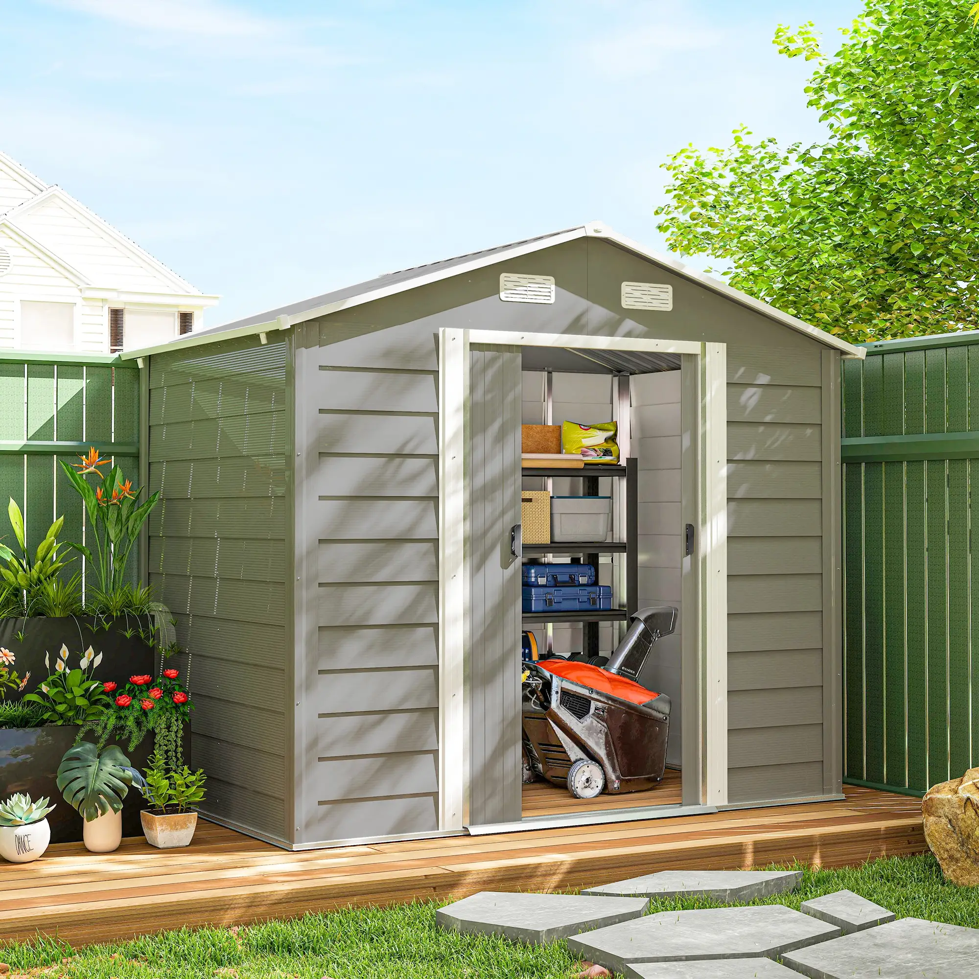 7.7' x 6.5' Metal Garden Shed, Tool Storage, Light Grey - Image 8