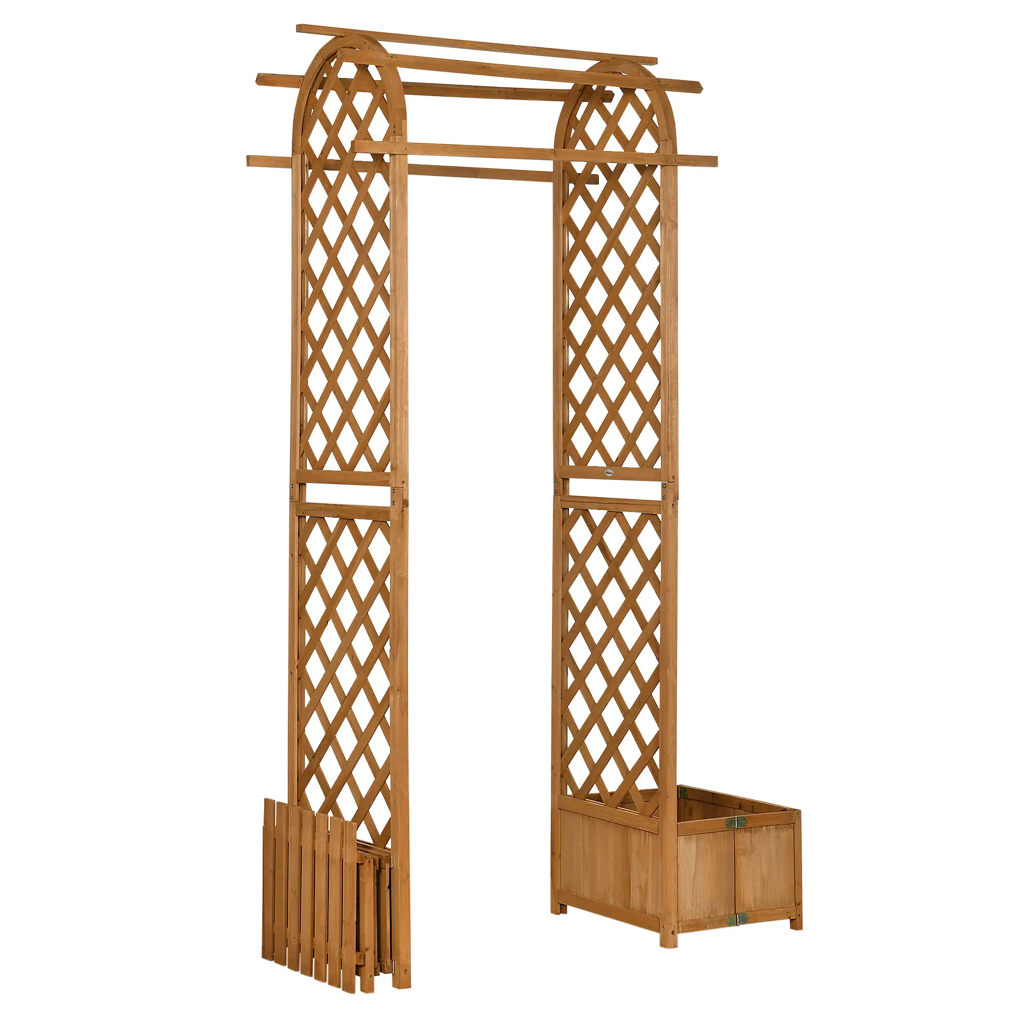 7.7FT Garden Arch, 2 Foldable Planter Boxes, Wooden Trellis Arbor, Brown - Image 11