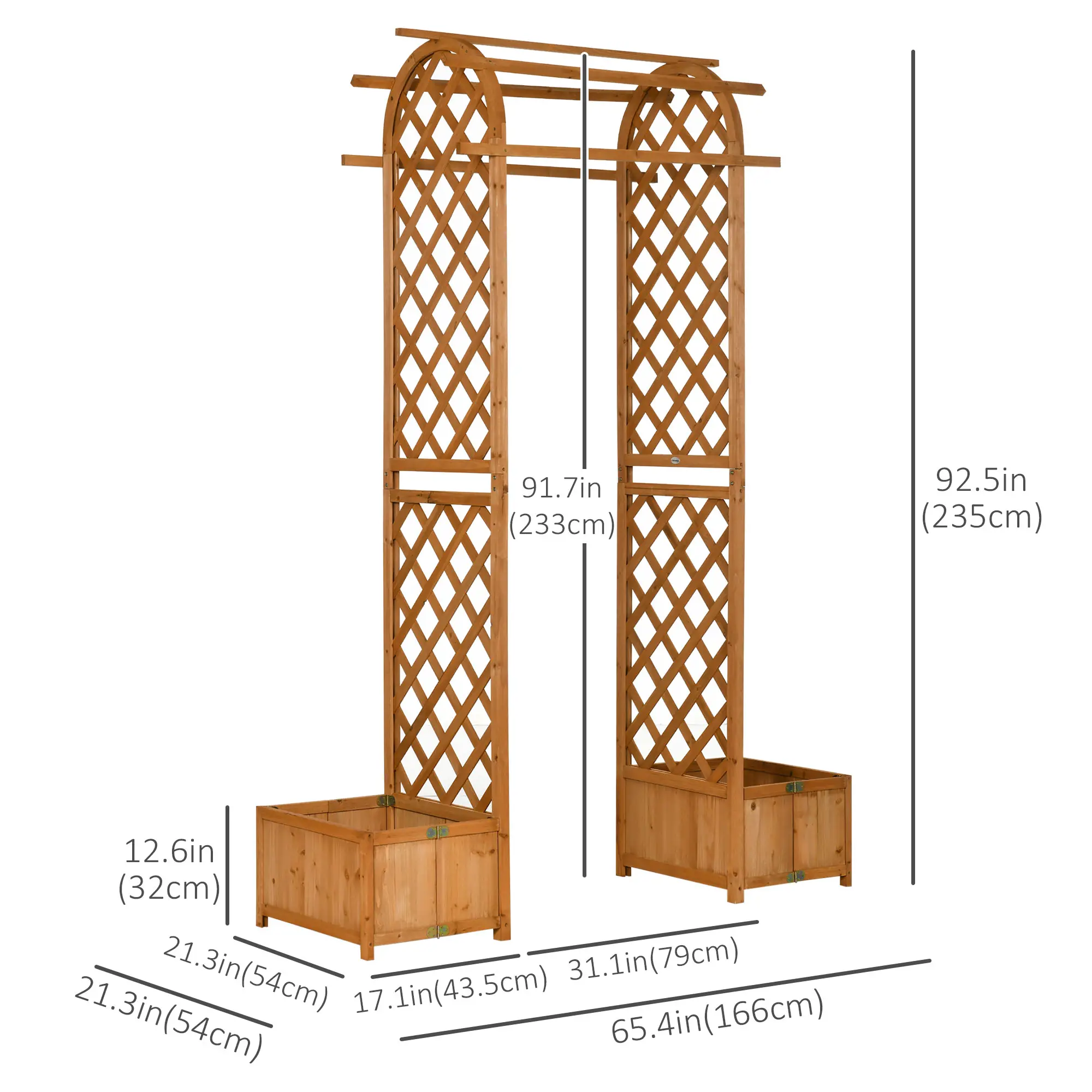 7.7FT Garden Arch, 2 Foldable Planter Boxes, Wooden Trellis Arbor, Brown - Image 3