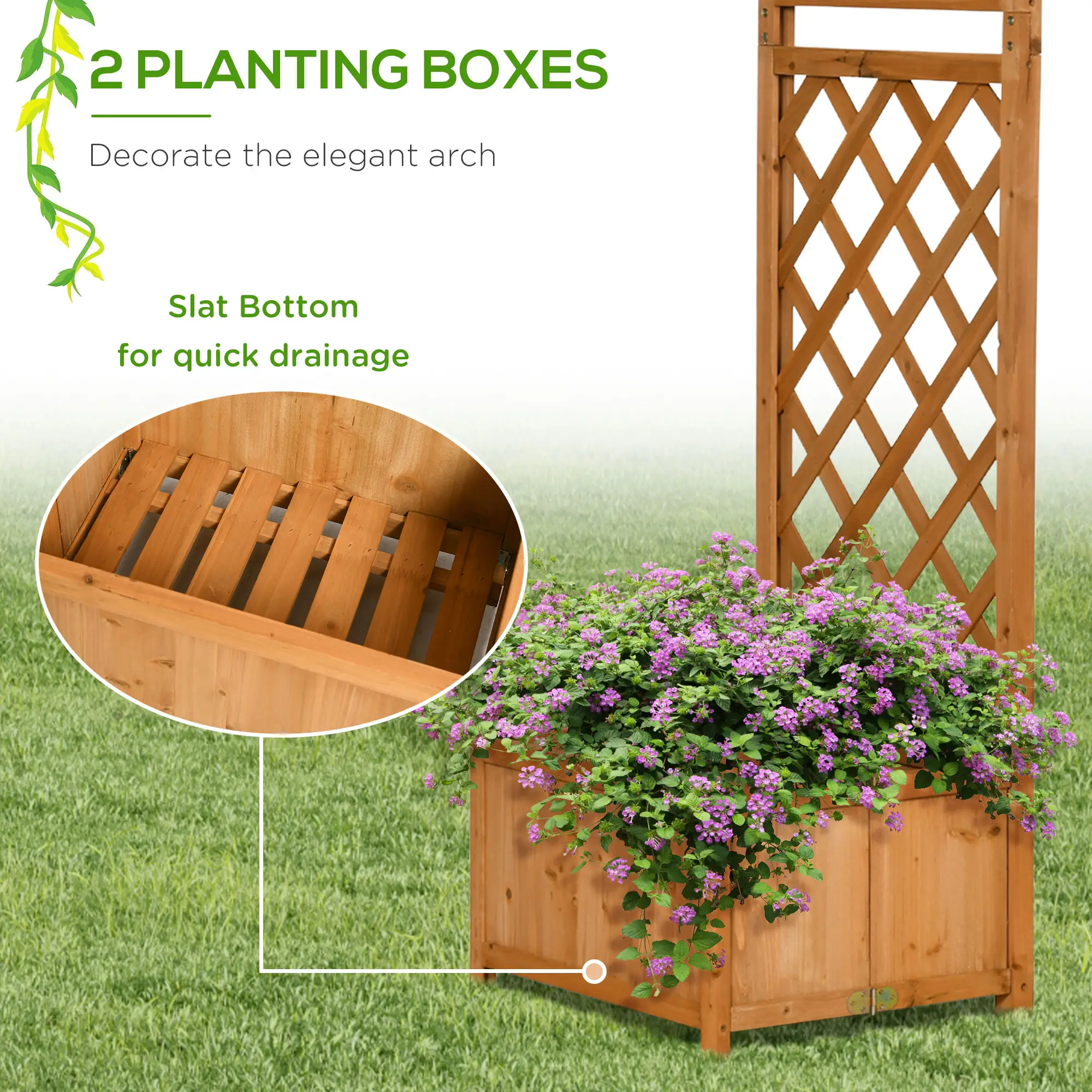 7.7FT Garden Arch, 2 Foldable Planter Boxes, Wooden Trellis Arbor, Brown - Image 5