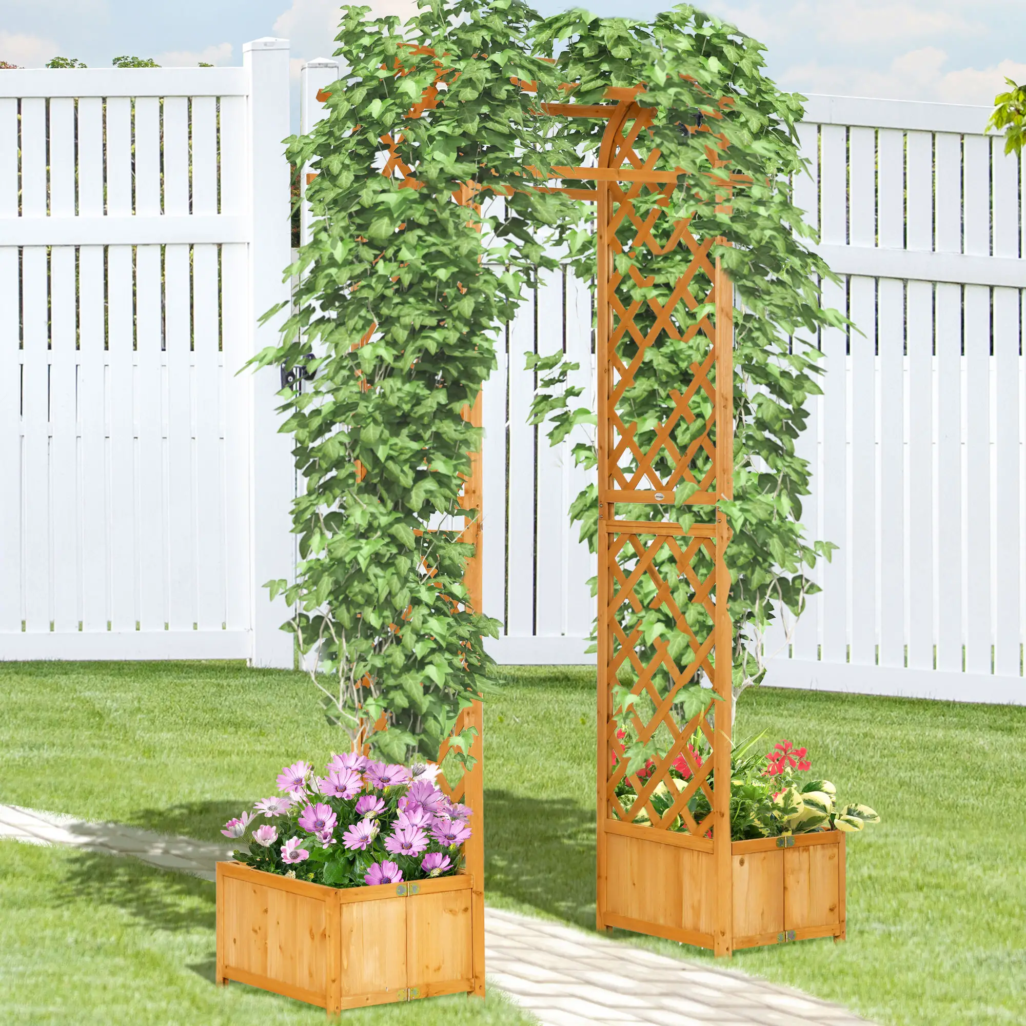 7.7FT Garden Arch, 2 Foldable Planter Boxes, Wooden Trellis Arbor, Brown - Image 7