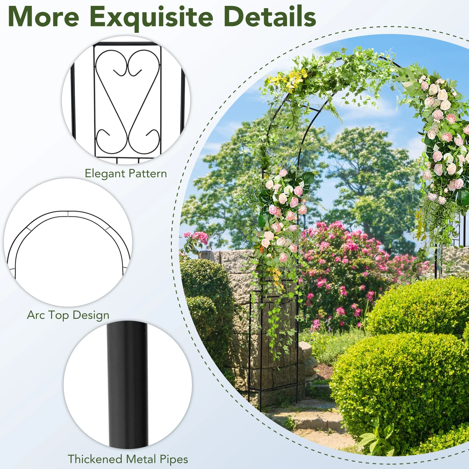 7.9 Feet Metal Garden Arch With Fence, Black - Image 10