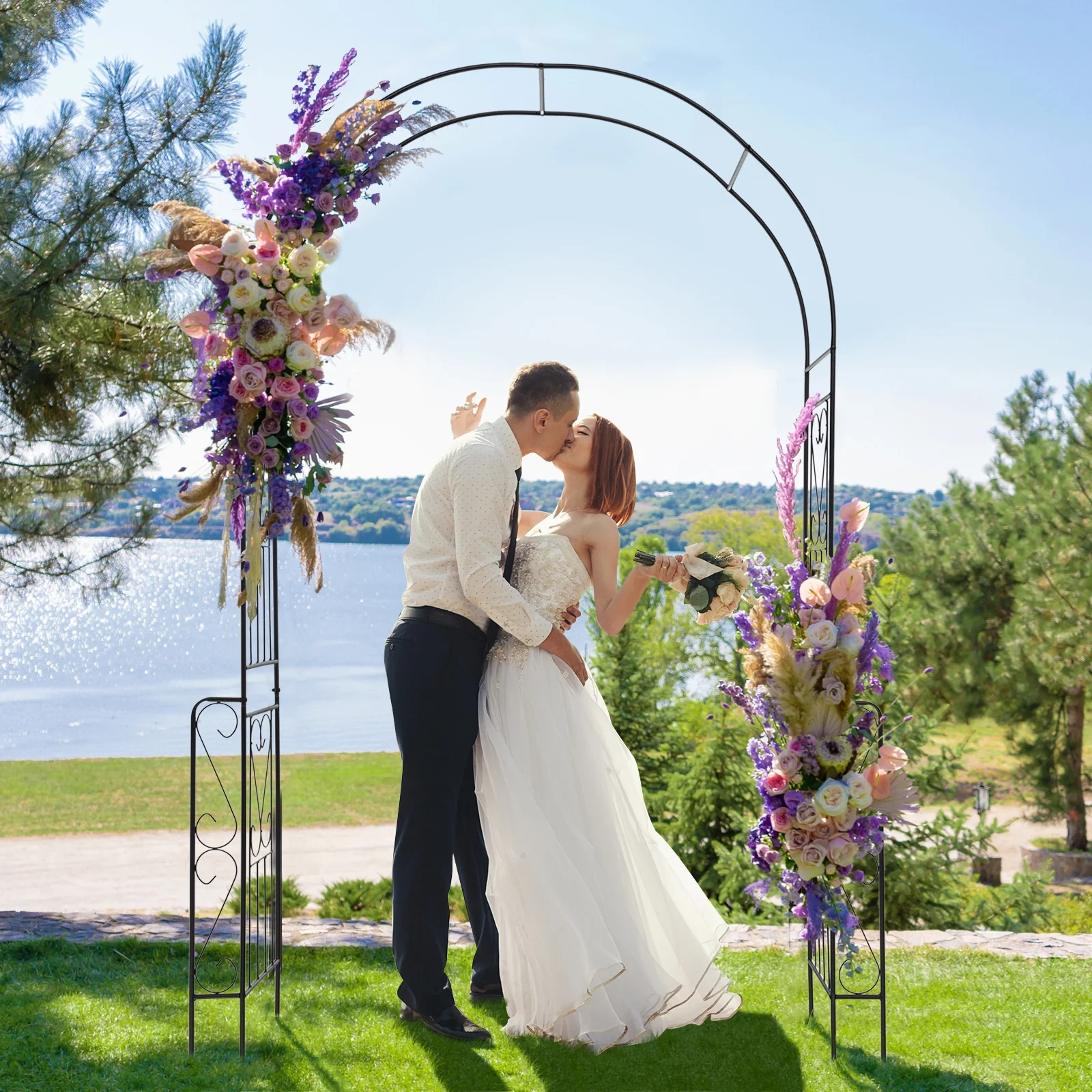 7.9 Feet Metal Garden Arch With Fence, Black - Image 3